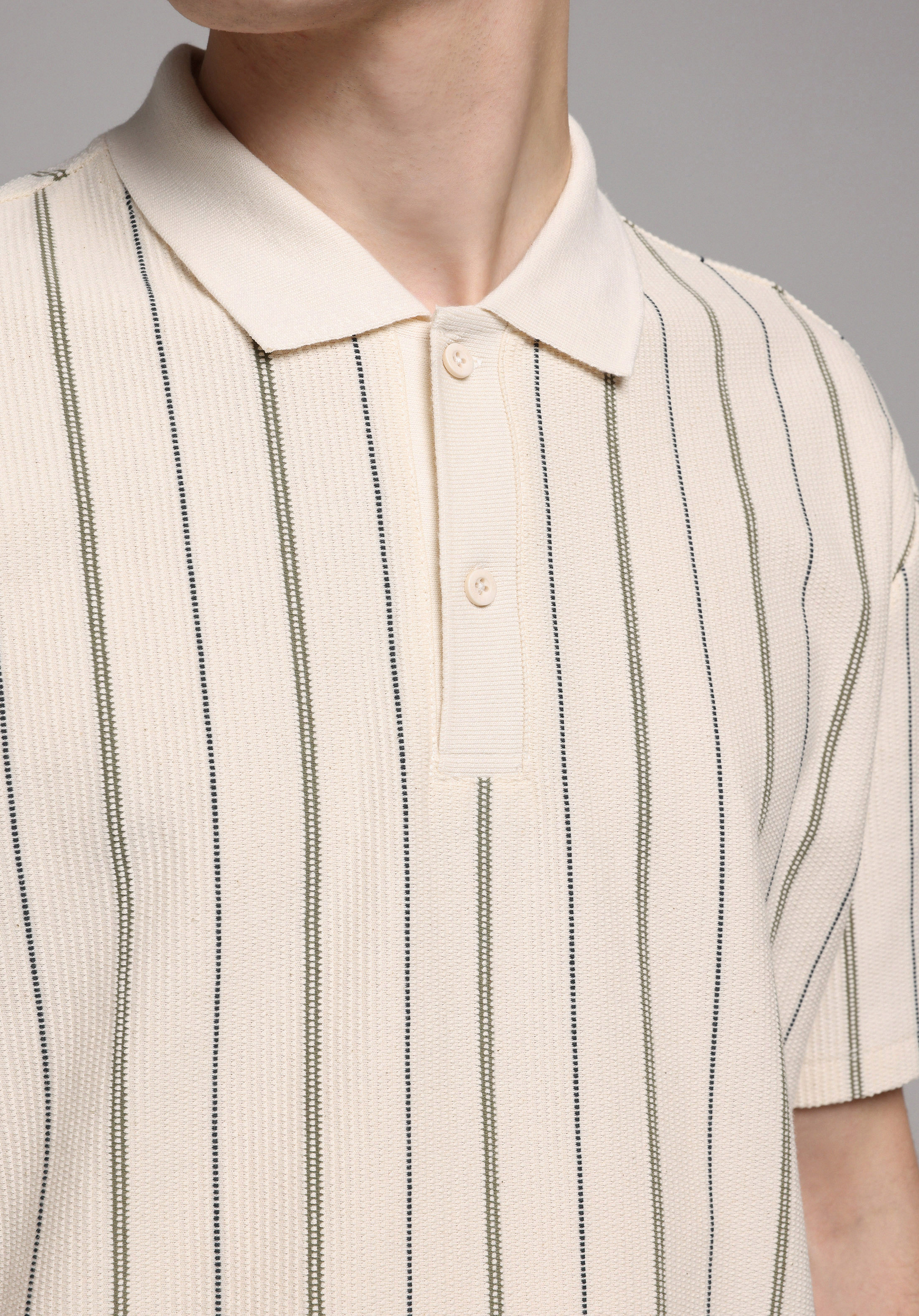 Comfort Fit Polo Yaka Çizgili Erkek Ekru Kısa Kol Tişört