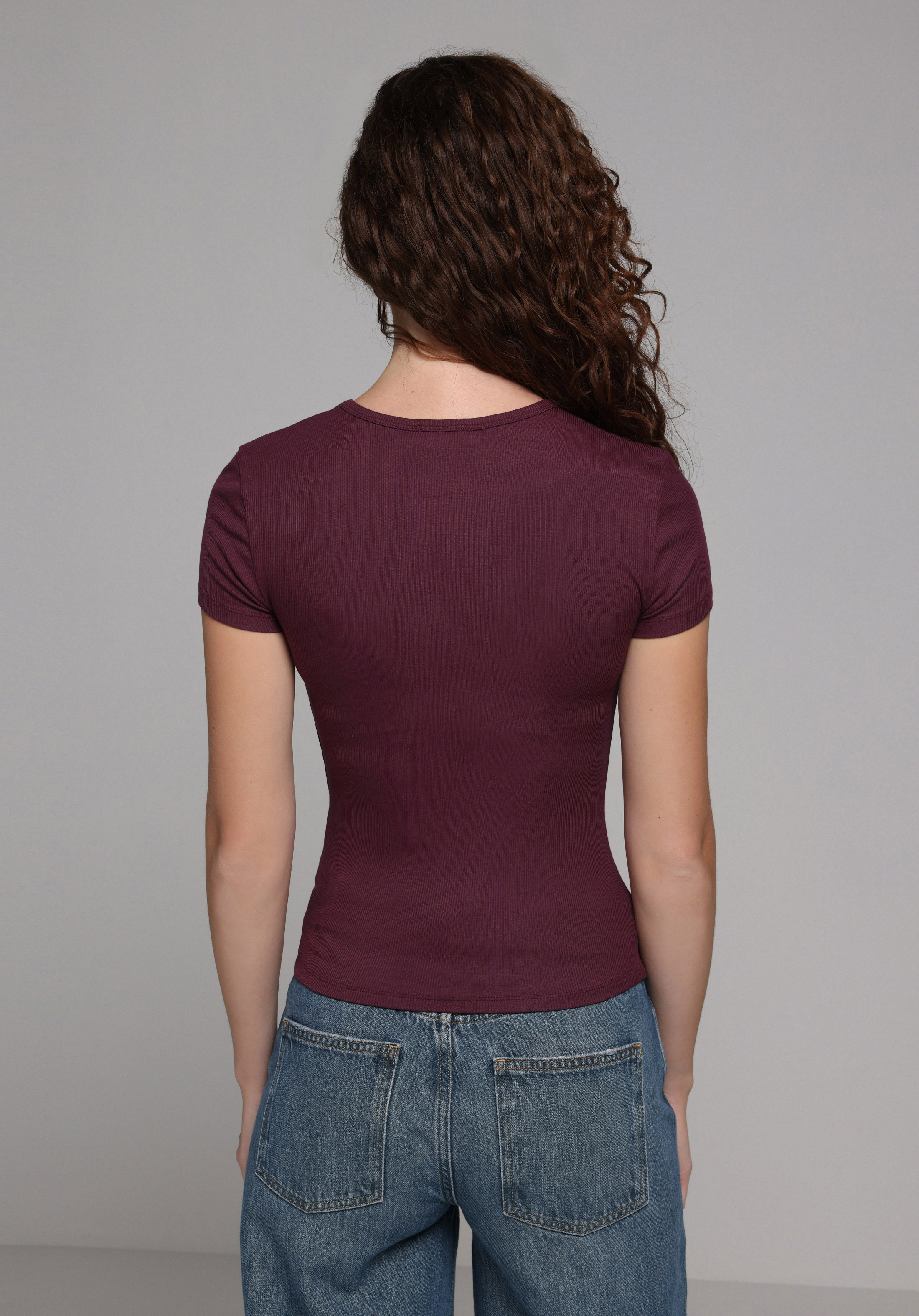 Slim Fit Yuvarlak Yaka Düz Kadın Mor Kısa Kol Tişört