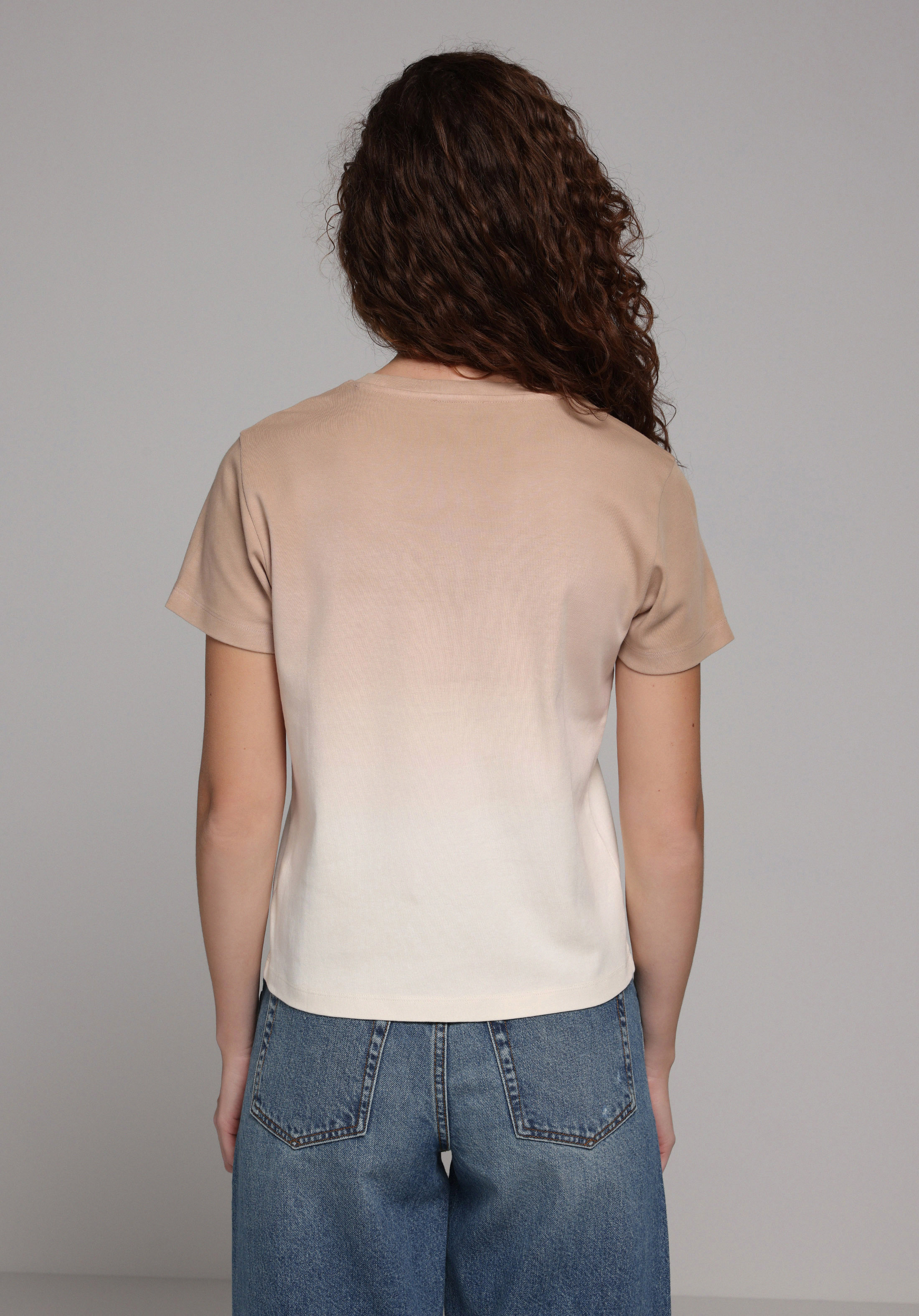 Regular Fit Yuvarlak Yaka Baskılı Kadın Bej Kısa Kol Tişört