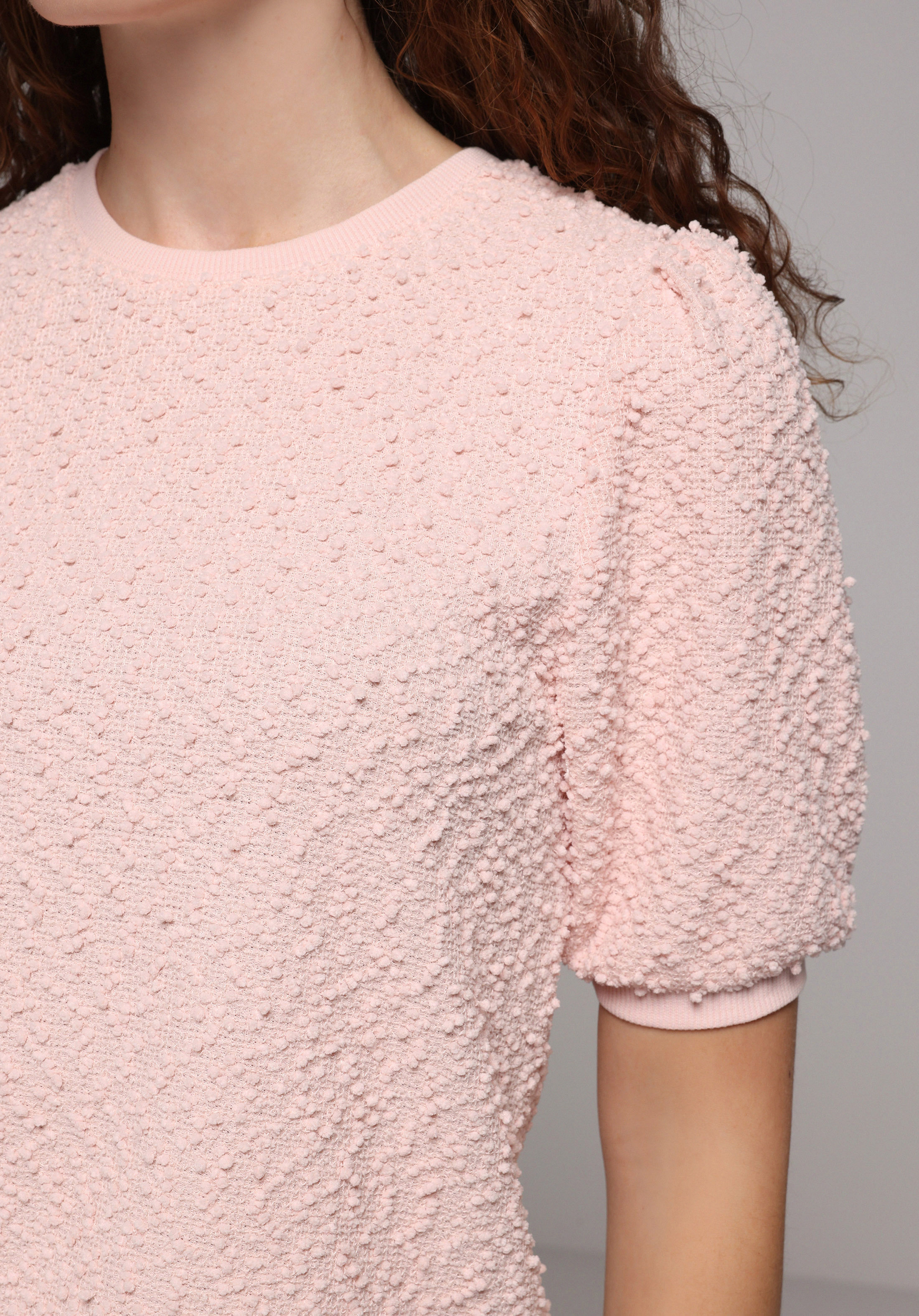 Regular Fit Yuvarlak Yaka Jakarlı Kadın Pembe Kısa Kol Tişört