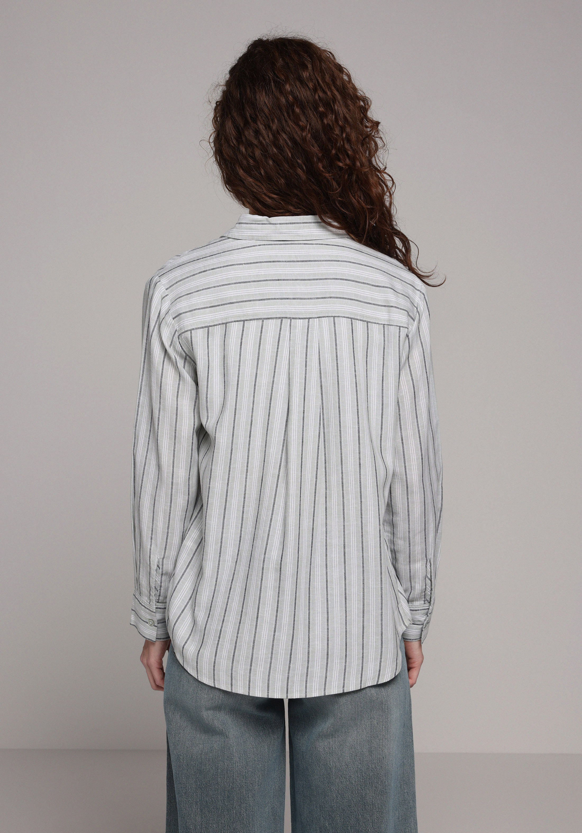 Fashion Fit Shirt Neck Çizgili Kadın Yeşil Uzun Kol Gömlek