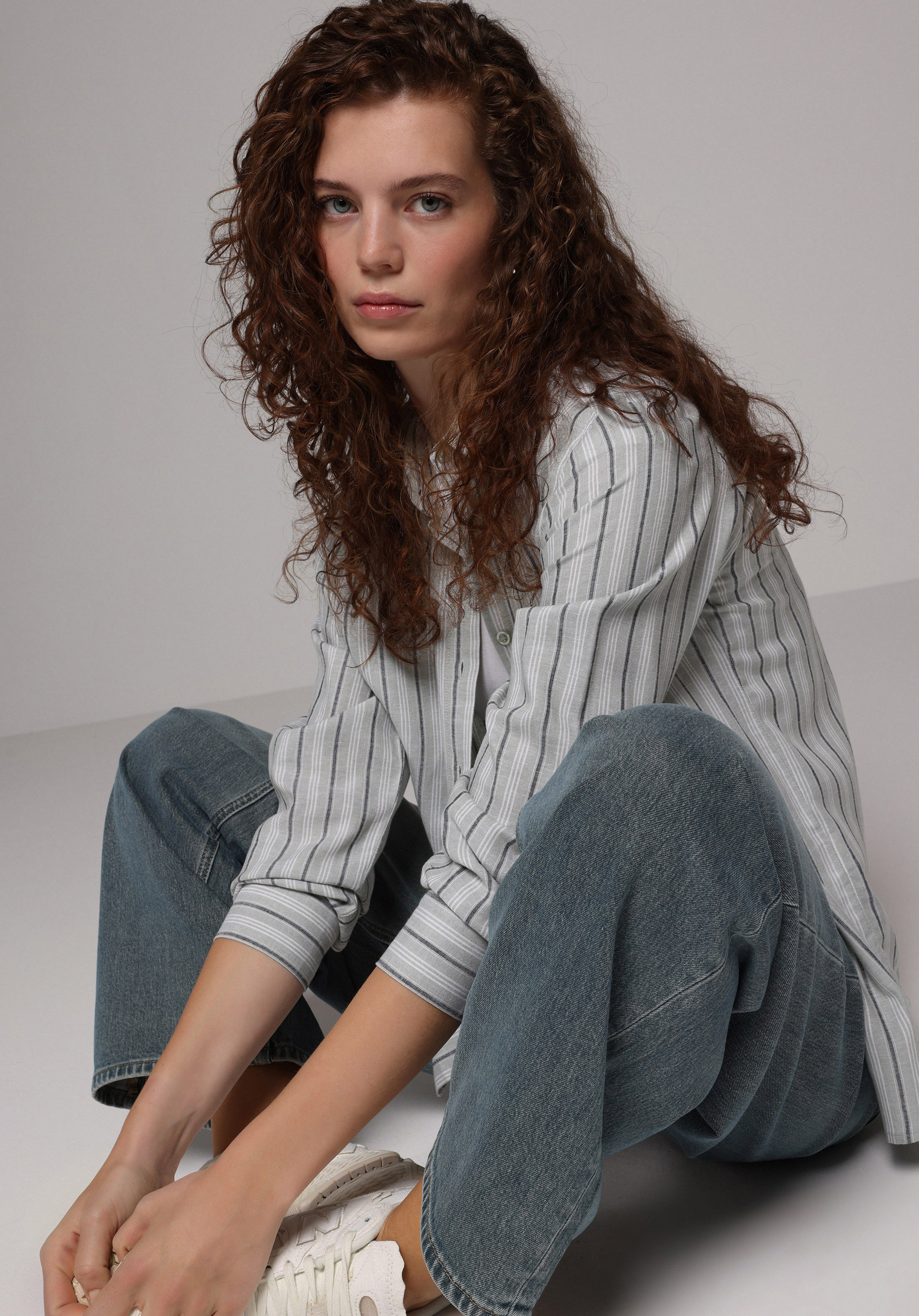 Fashion Fit Shirt Neck Çizgili Kadın Yeşil Uzun Kol Gömlek