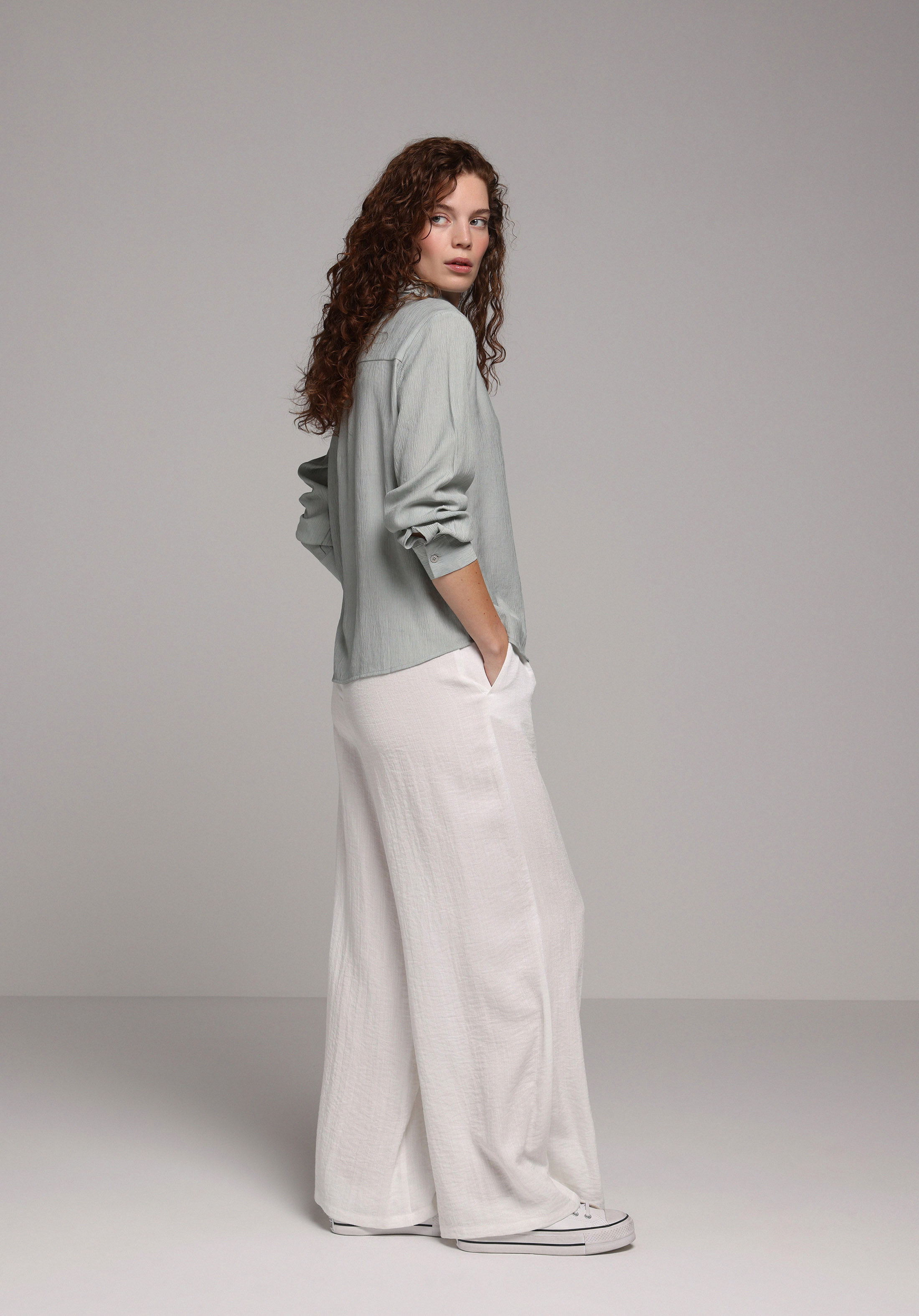 Regular Fit Shirt Neck Düz Kadın Yeşil Uzun Kol Gömlek