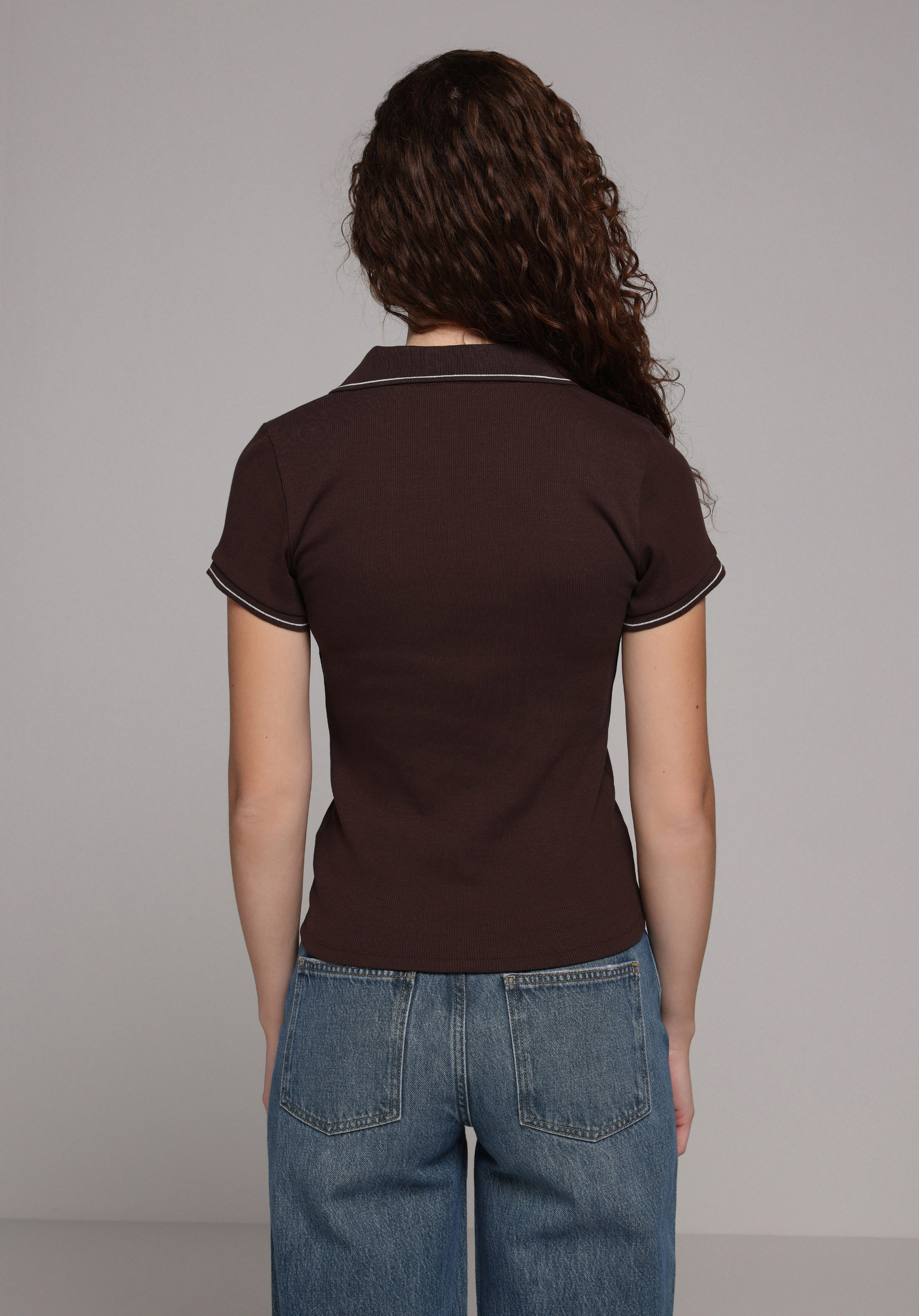 Slim Fit Polo Yaka Düz Kadın Kahverengi Kısa Kol Tişört