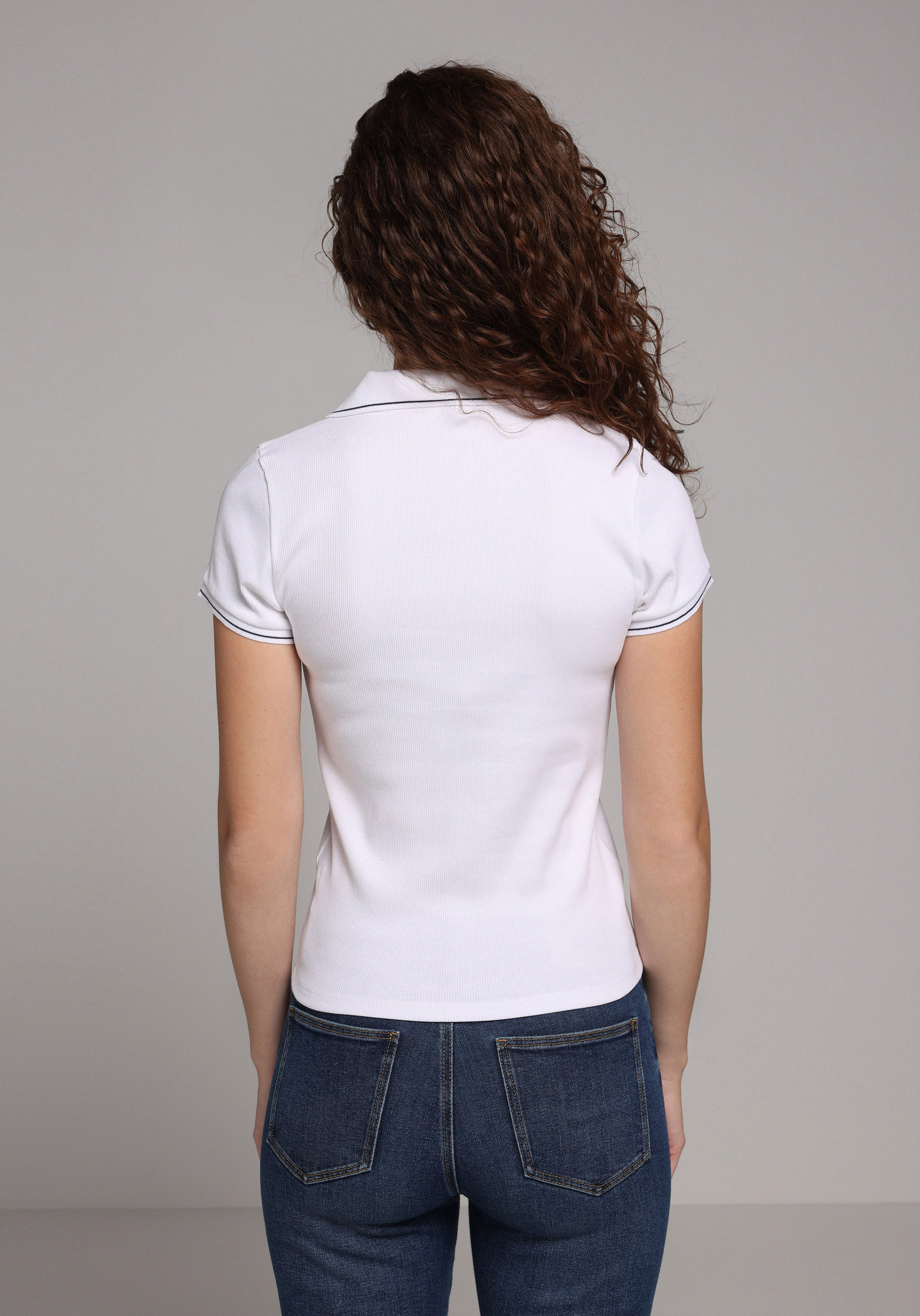 Slim Fit Polo Yaka Düz Kadın Beyaz Kısa Kol Tişört