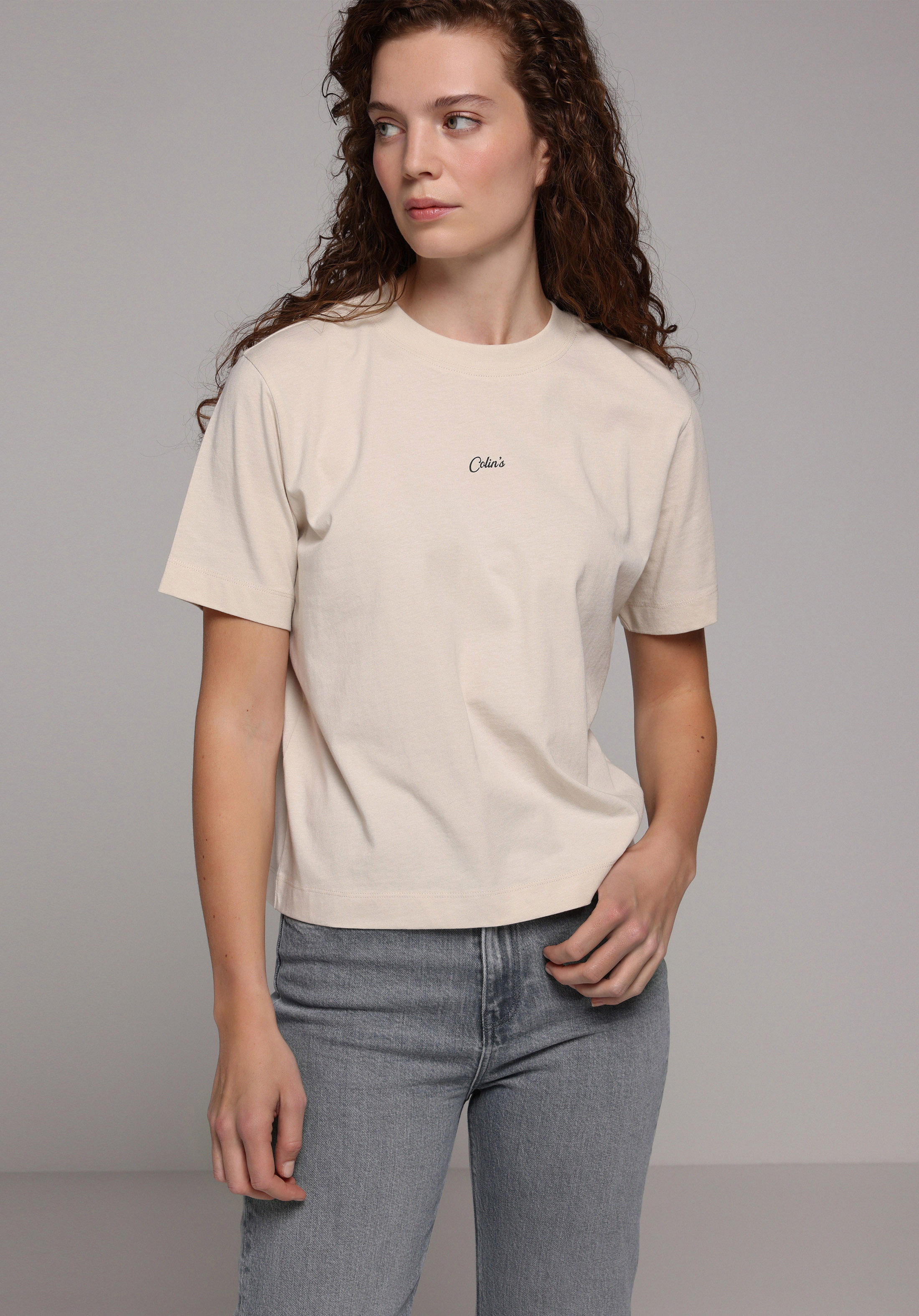 Boxy Fit Yuvarlak Yaka Baskılı Kadın Bej Kısa Kol Tişört