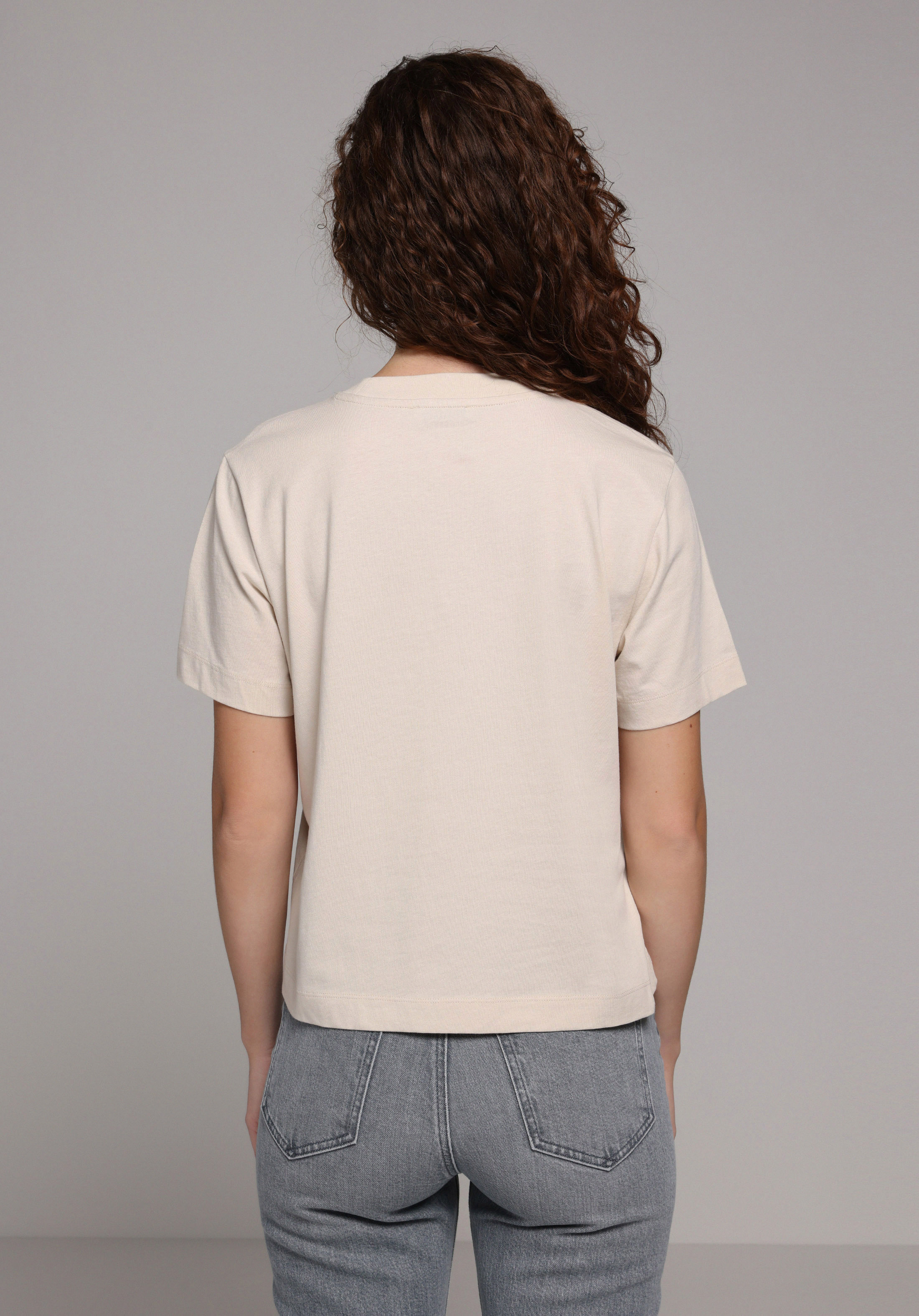 Boxy Fit Yuvarlak Yaka Baskılı Kadın Bej Kısa Kol Tişört