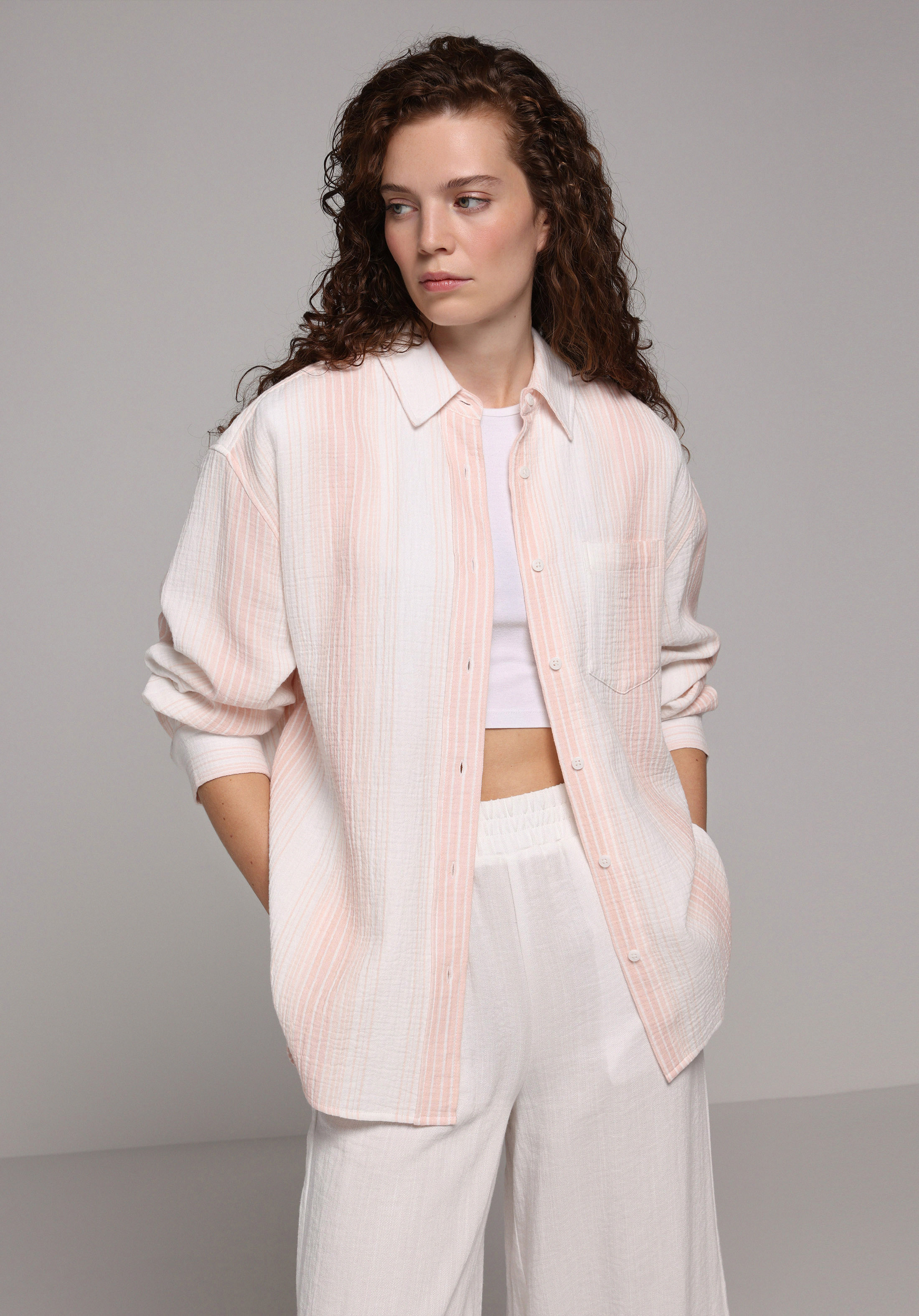 Oversize Shirt Neck Çizgili Kadın Turuncu Uzun Kol Gömlek