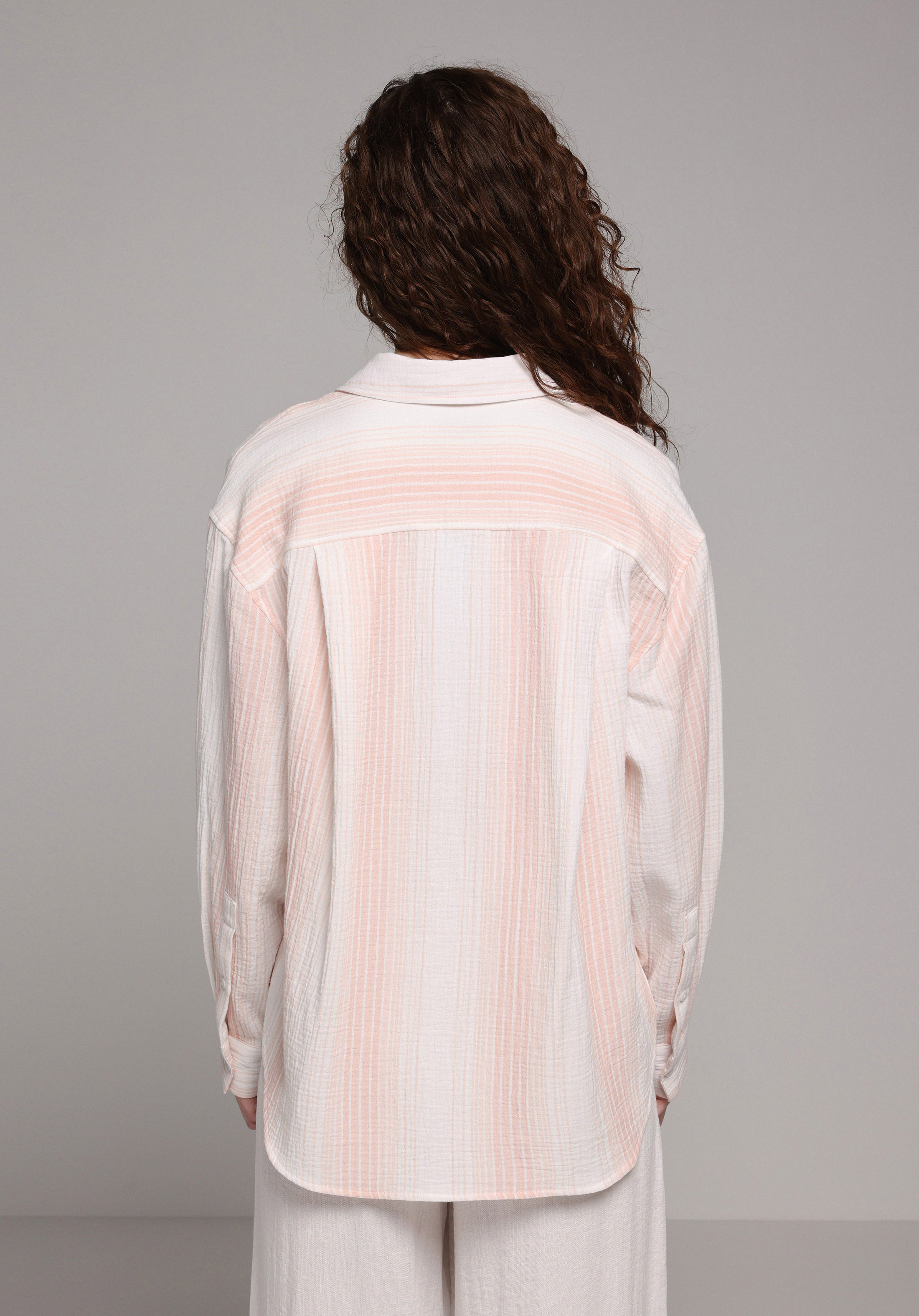 Oversize Shirt Neck Çizgili Kadın Turuncu Uzun Kol Gömlek