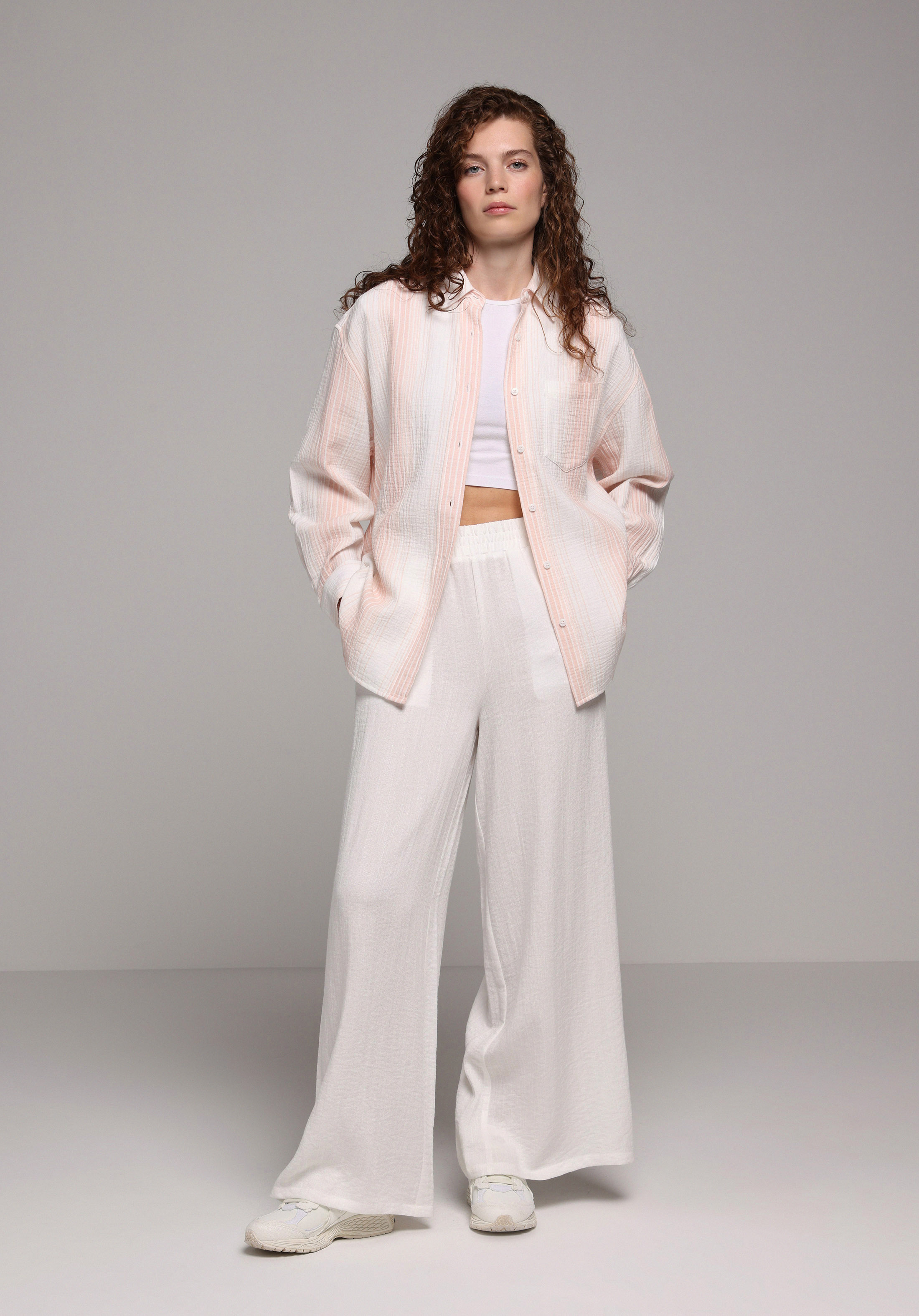 Oversize Shirt Neck Çizgili Kadın Turuncu Uzun Kol Gömlek