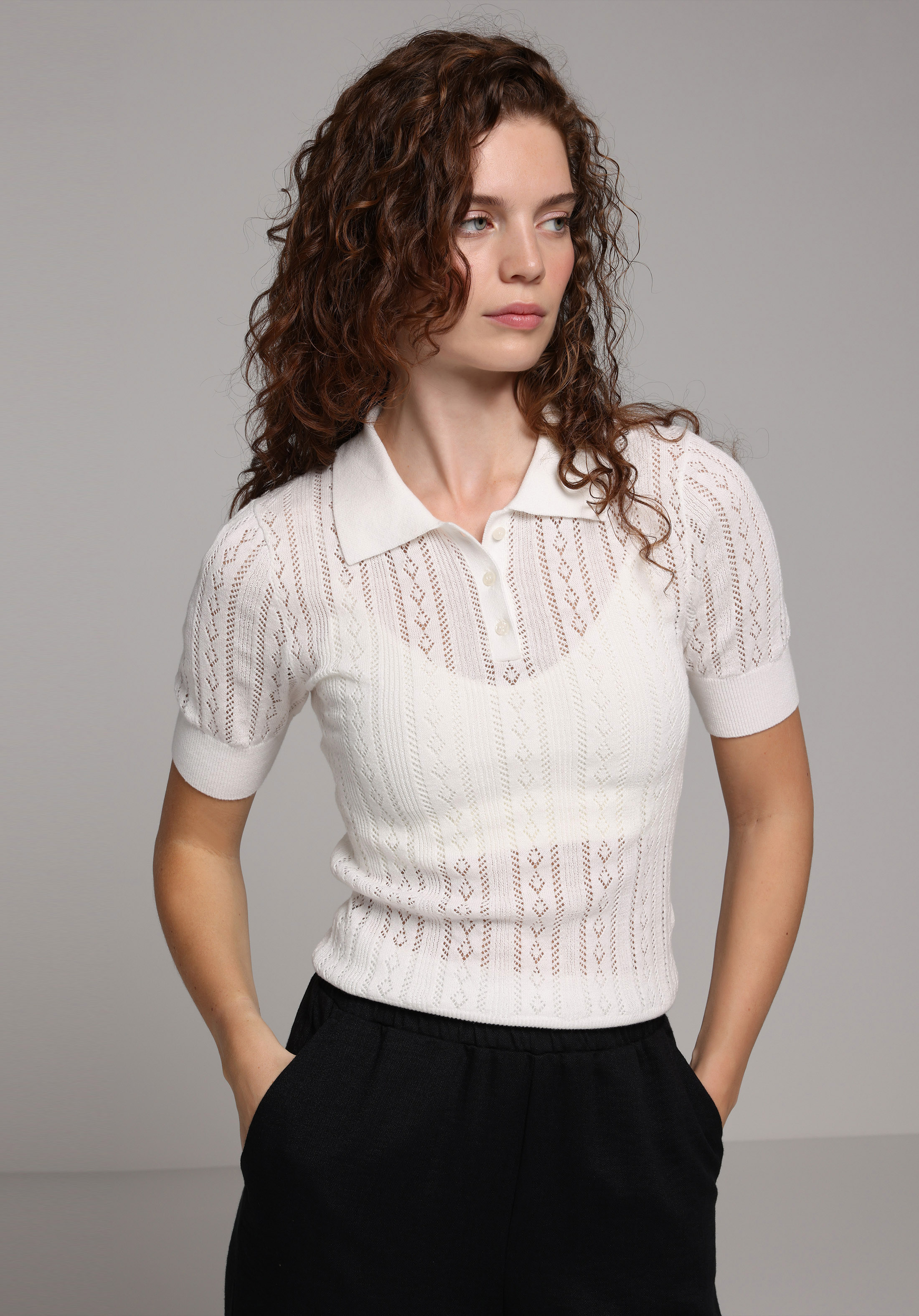 Slim Fit Polo Yaka Düz Kadın Ekru Kısa Kol Kazak