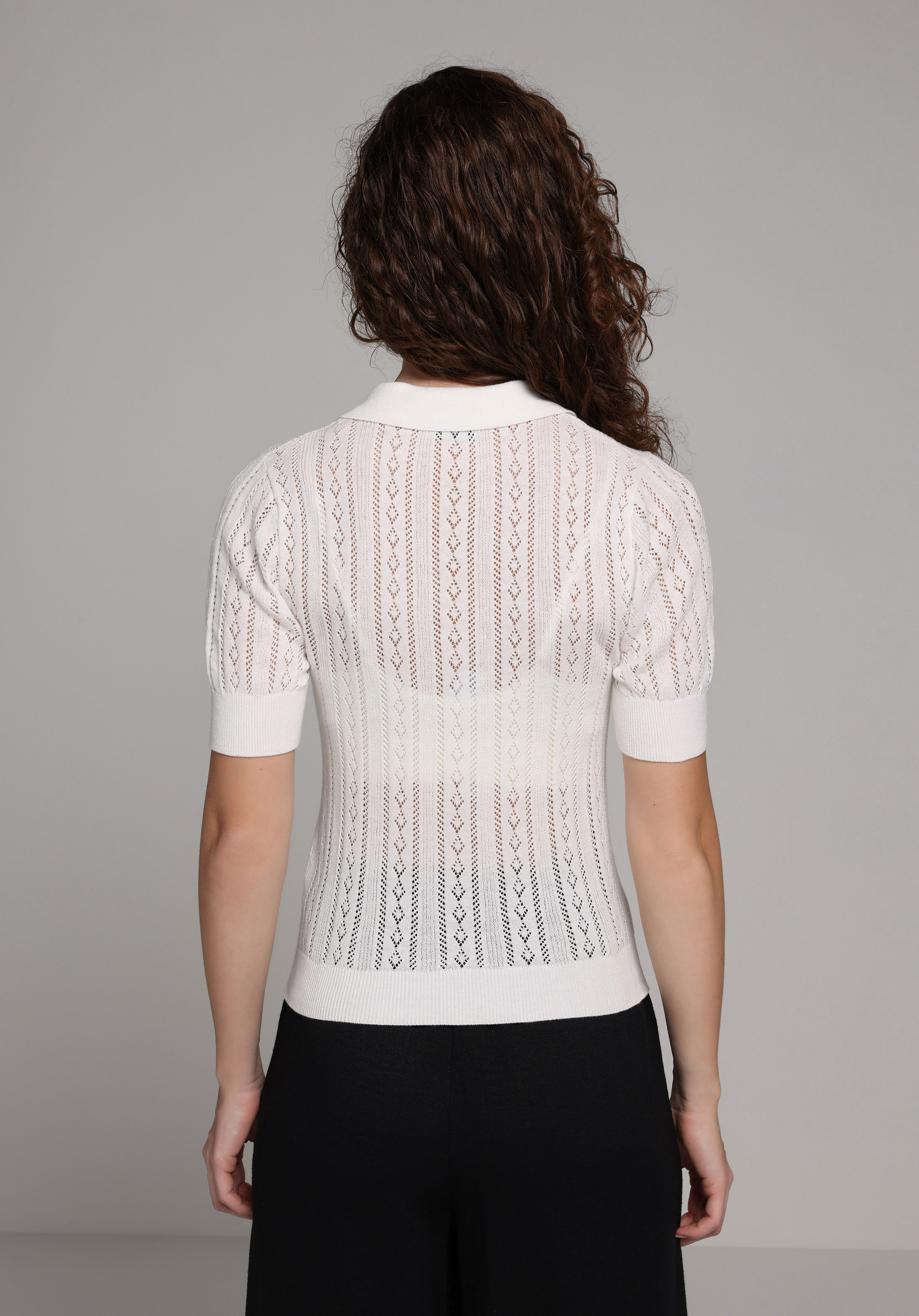 Slim Fit Polo Yaka Düz Kadın Ekru Kısa Kol Kazak