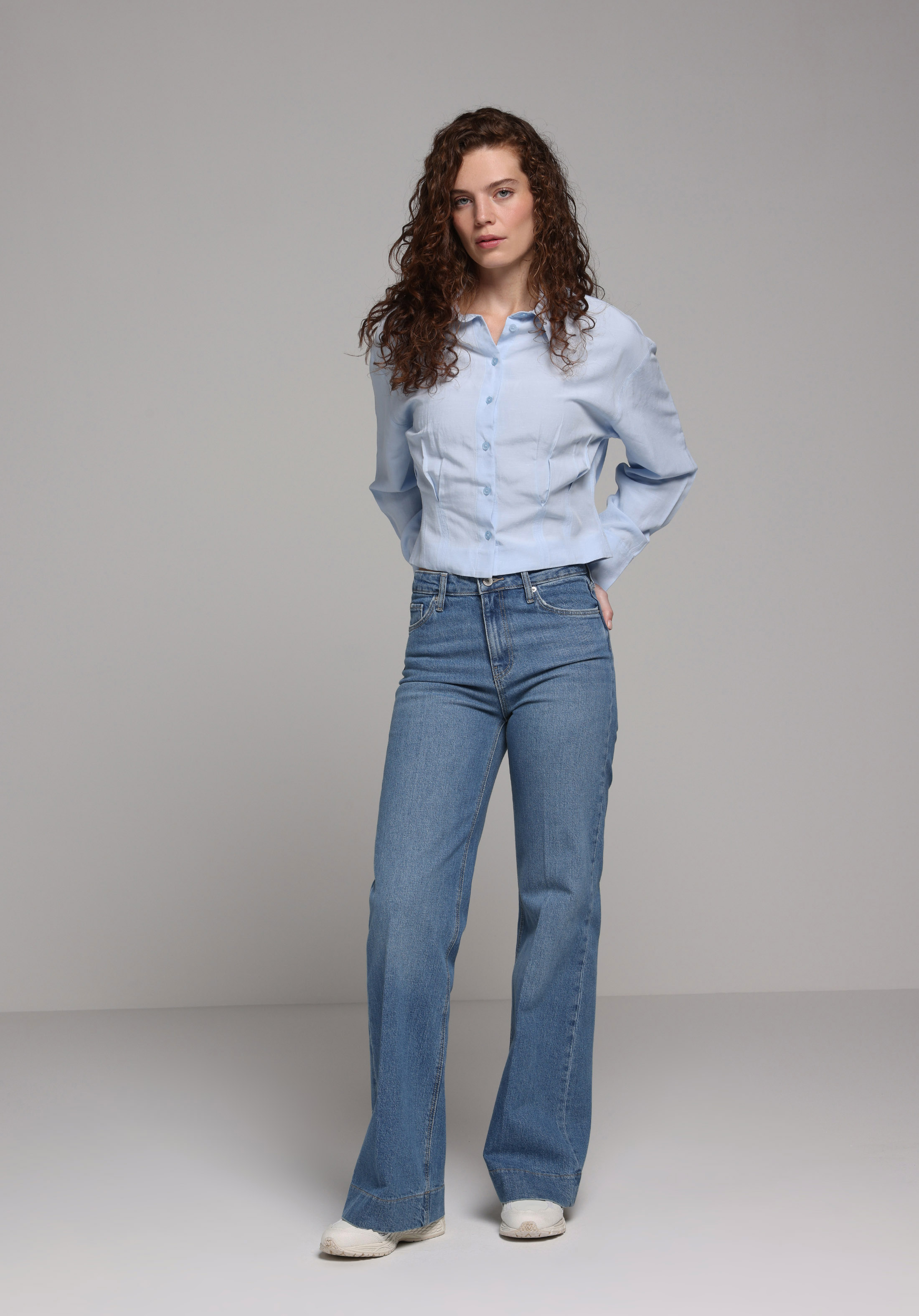 Fashion Fit Shirt Neck Düz Kadın Mavi Uzun Kol Gömlek