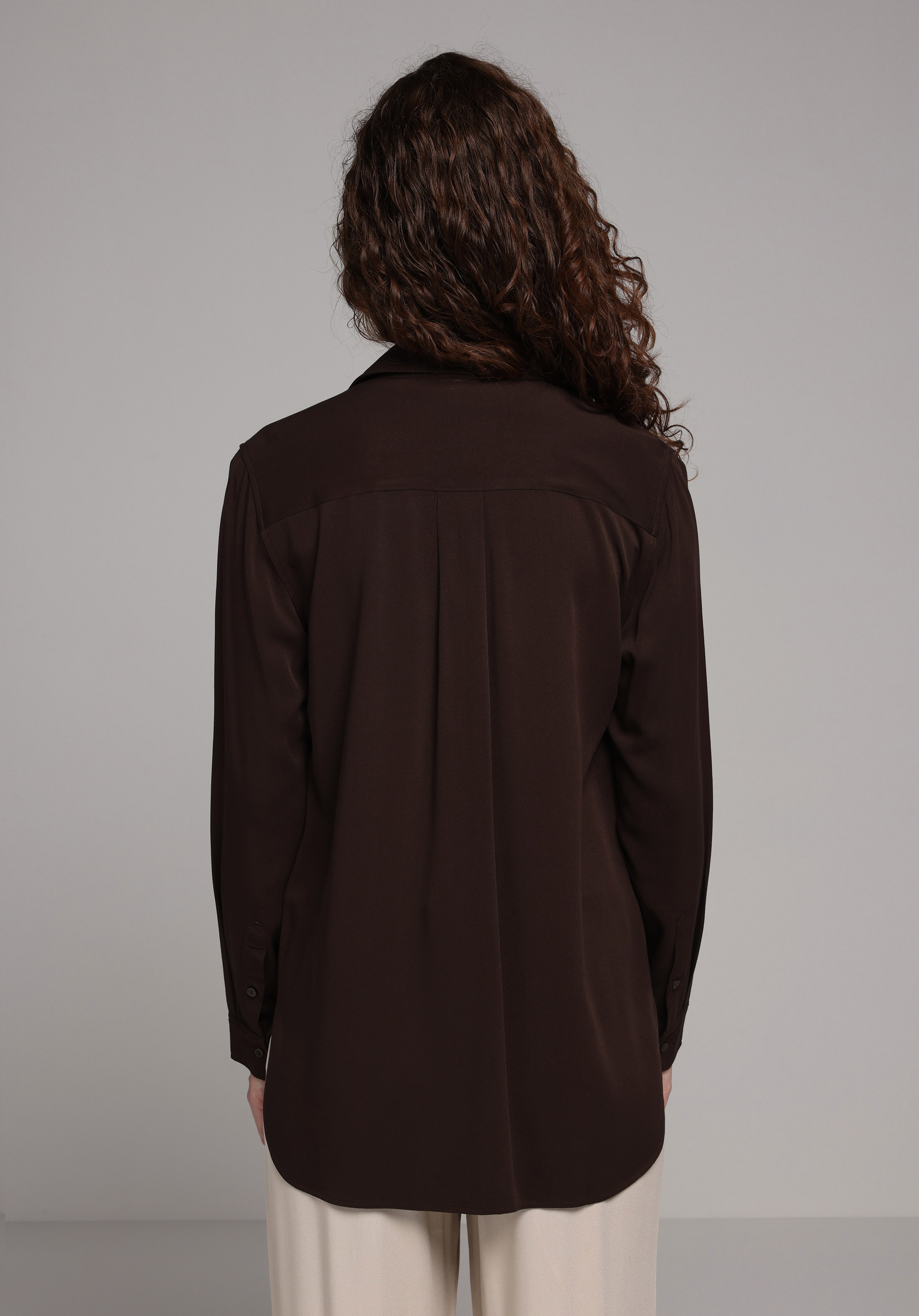 Regular Fit Shirt Neck Düz Kadın Kahverengi Uzun Kol Gömlek