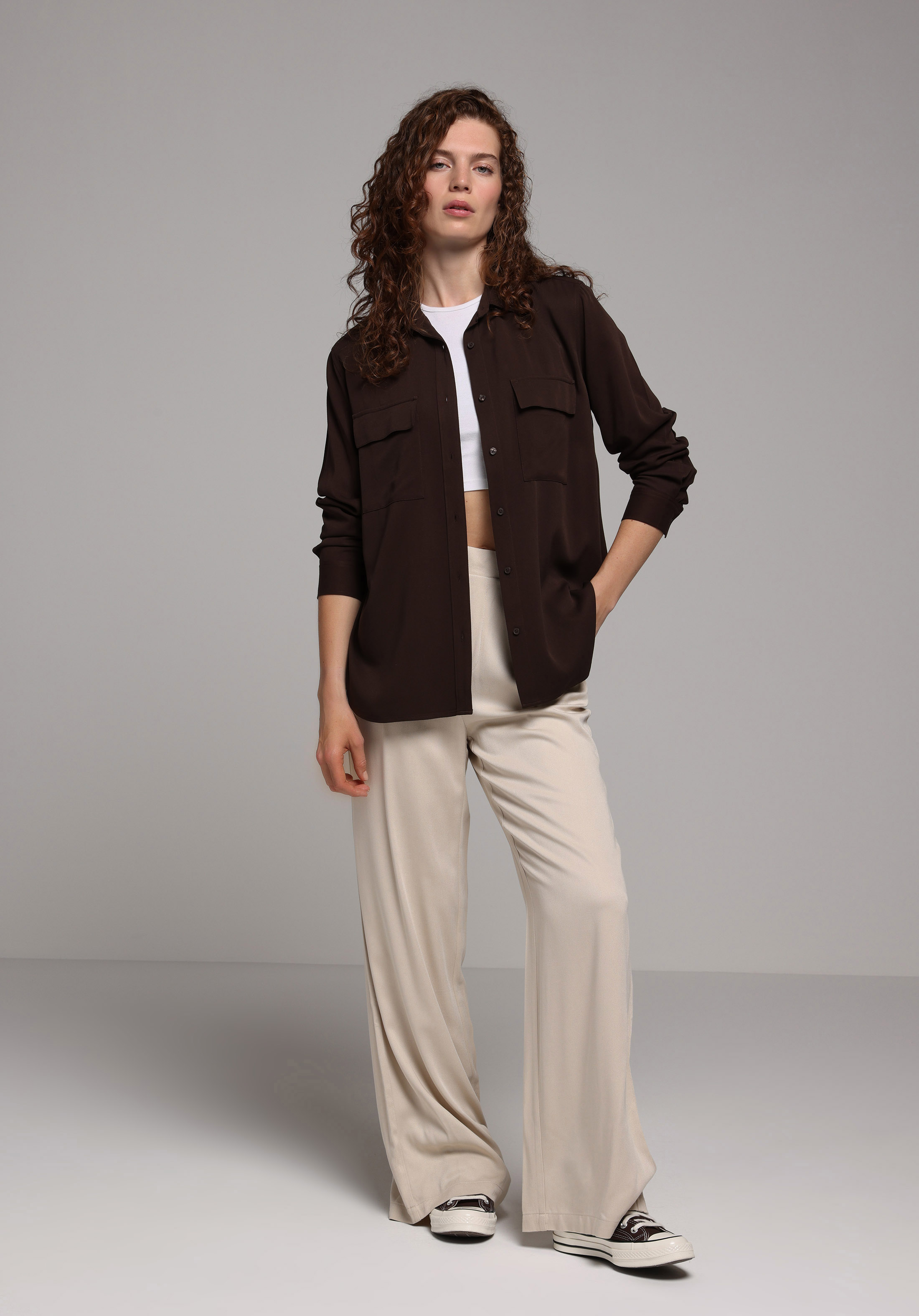 Regular Fit Shirt Neck Düz Kadın Kahverengi Uzun Kol Gömlek