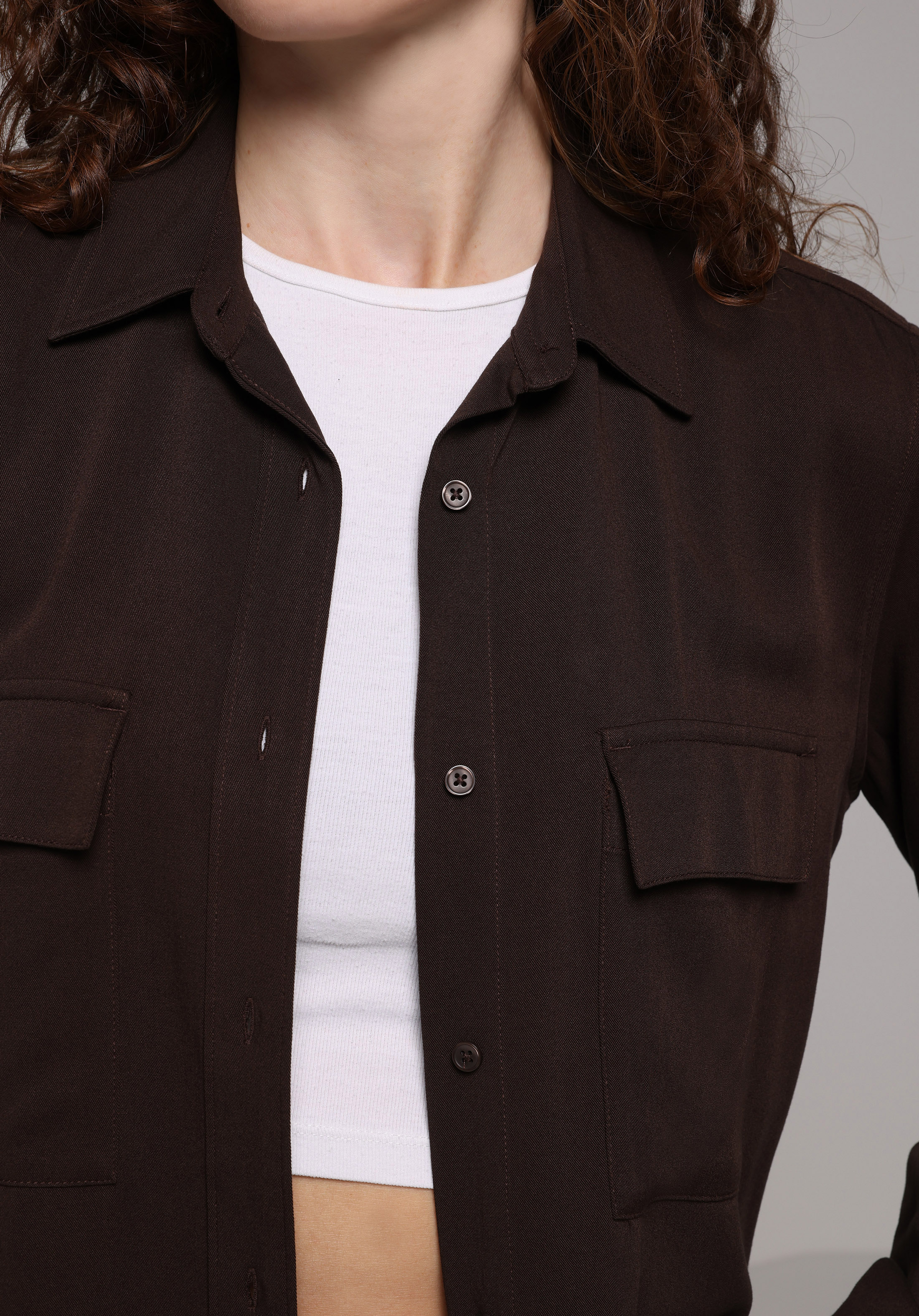 Regular Fit Shirt Neck Düz Kadın Kahverengi Uzun Kol Gömlek