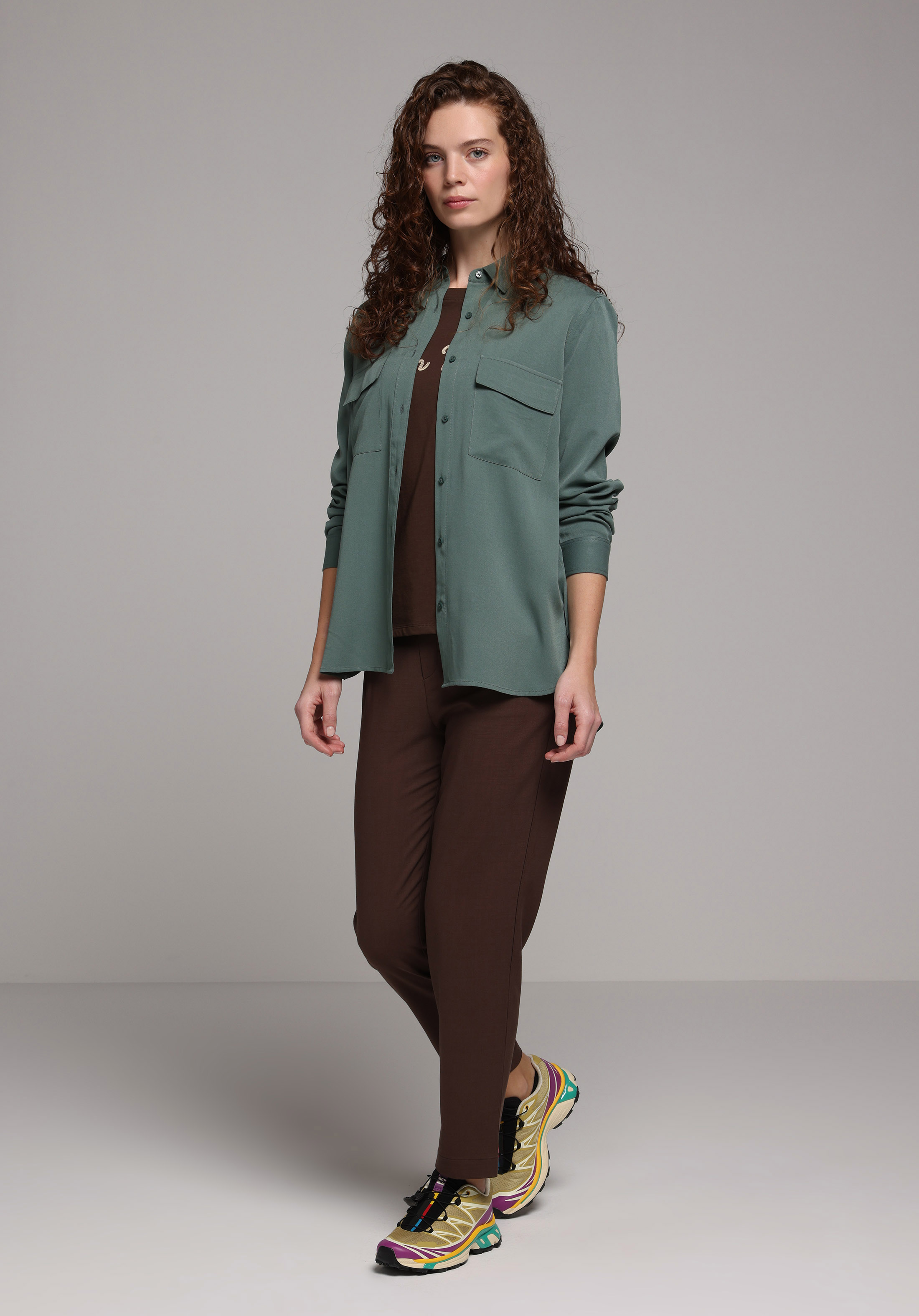 Regular Fit Shirt Neck Düz Kadın Yeşil Uzun Kol Gömlek