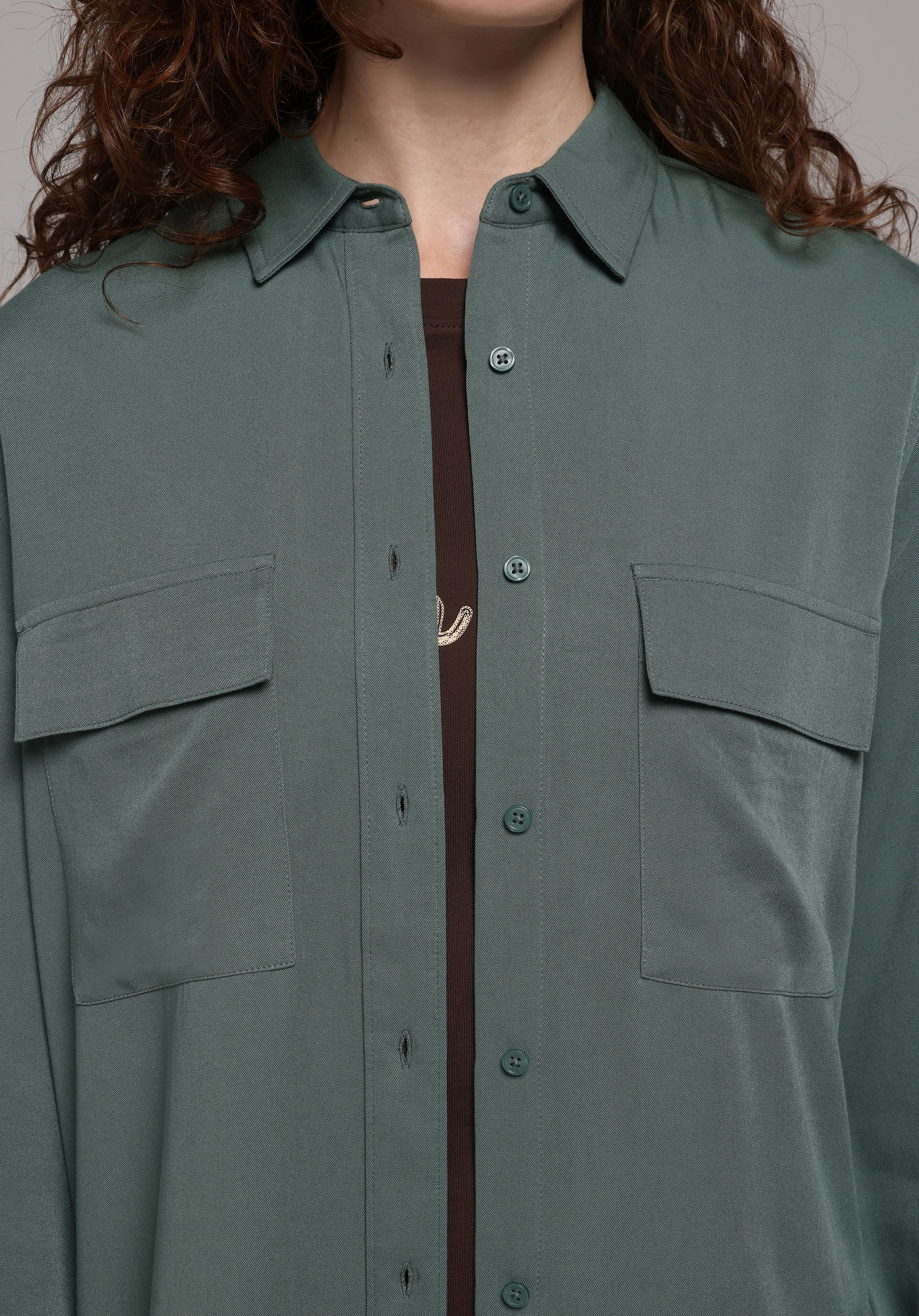 Regular Fit Shirt Neck Düz Kadın Yeşil Uzun Kol Gömlek