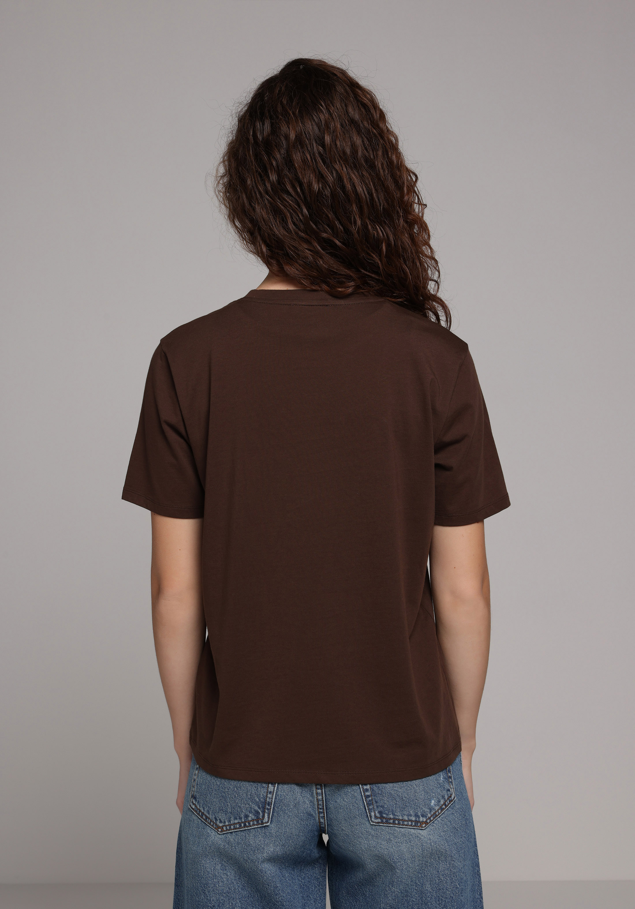 Regular Fit Yuvarlak Yaka Baskılı Kadın Kahverengi Kısa Kol Tişört
