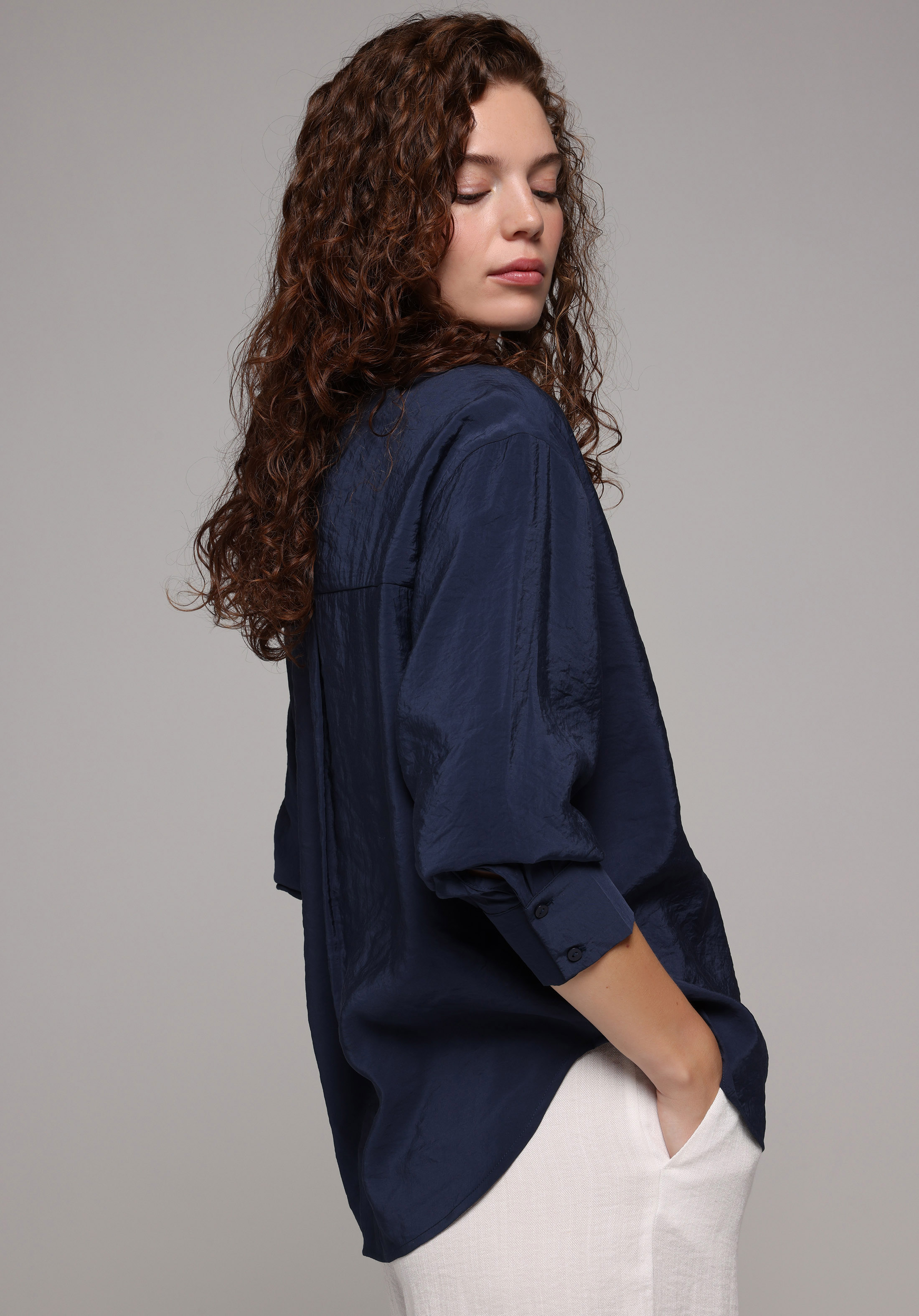 Boyfriend Shirt Neck Düz Kadın Lacivert Uzun Kol Gömlek