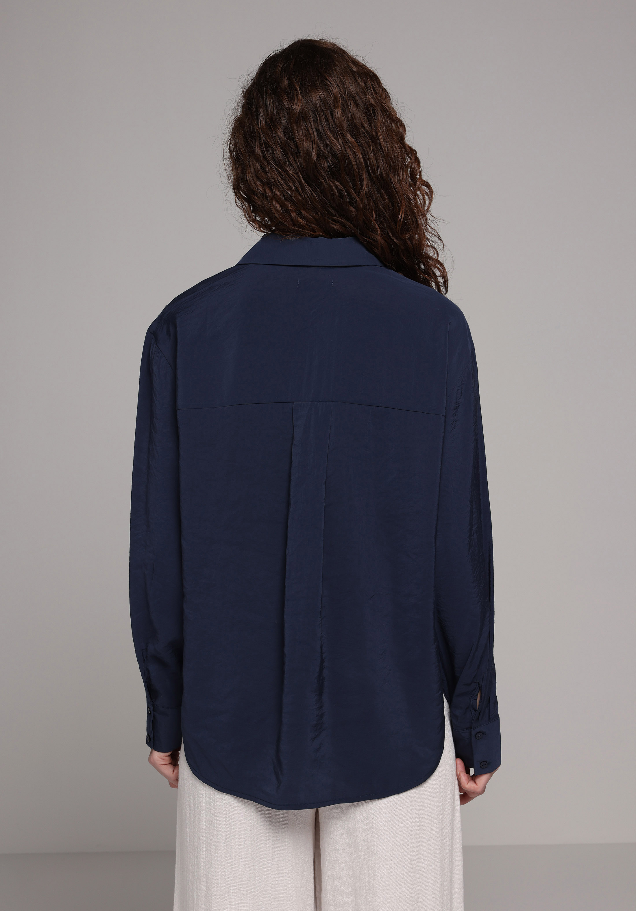 Boyfriend Shirt Neck Düz Kadın Lacivert Uzun Kol Gömlek