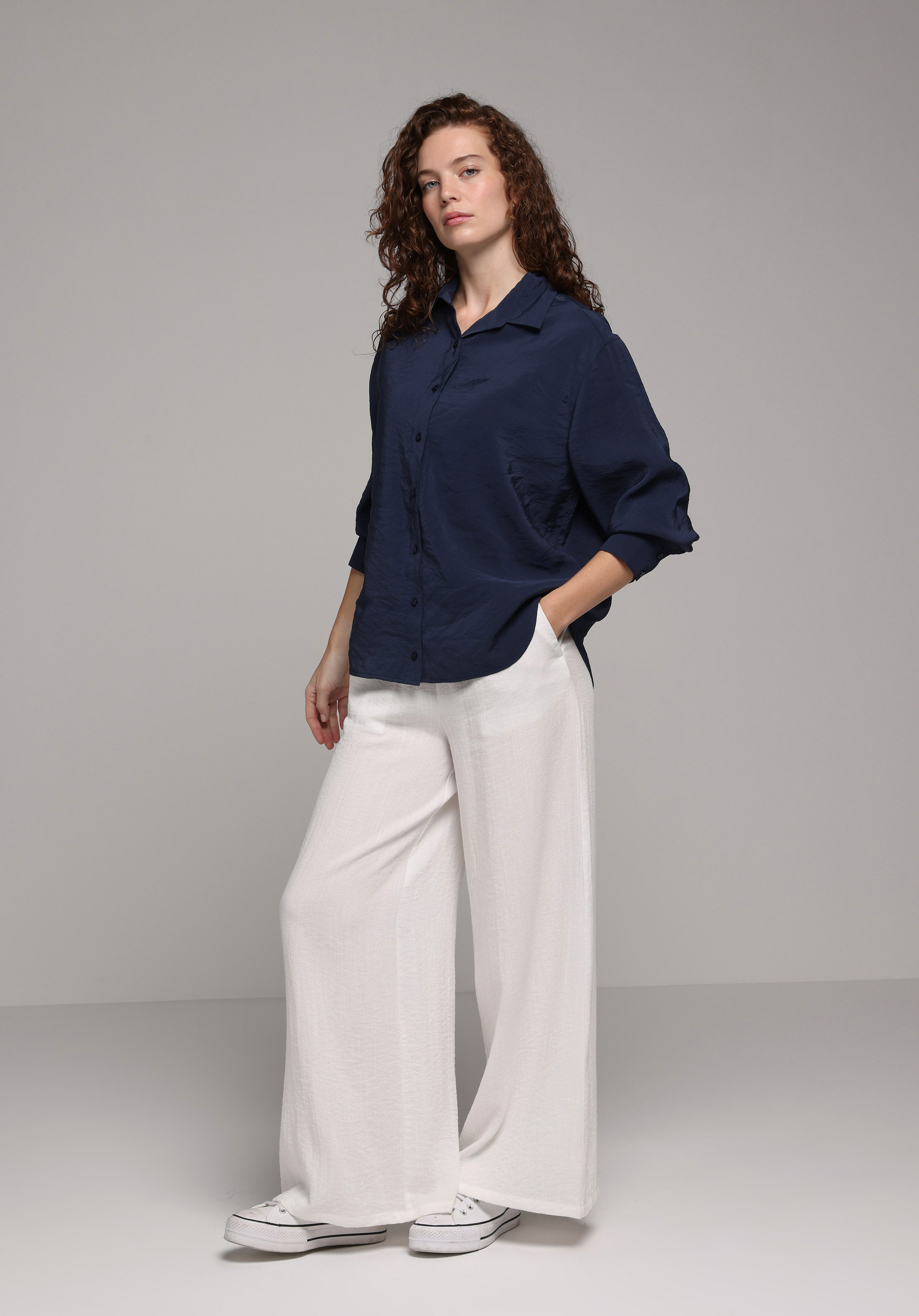 Boyfriend Shirt Neck Düz Kadın Lacivert Uzun Kol Gömlek