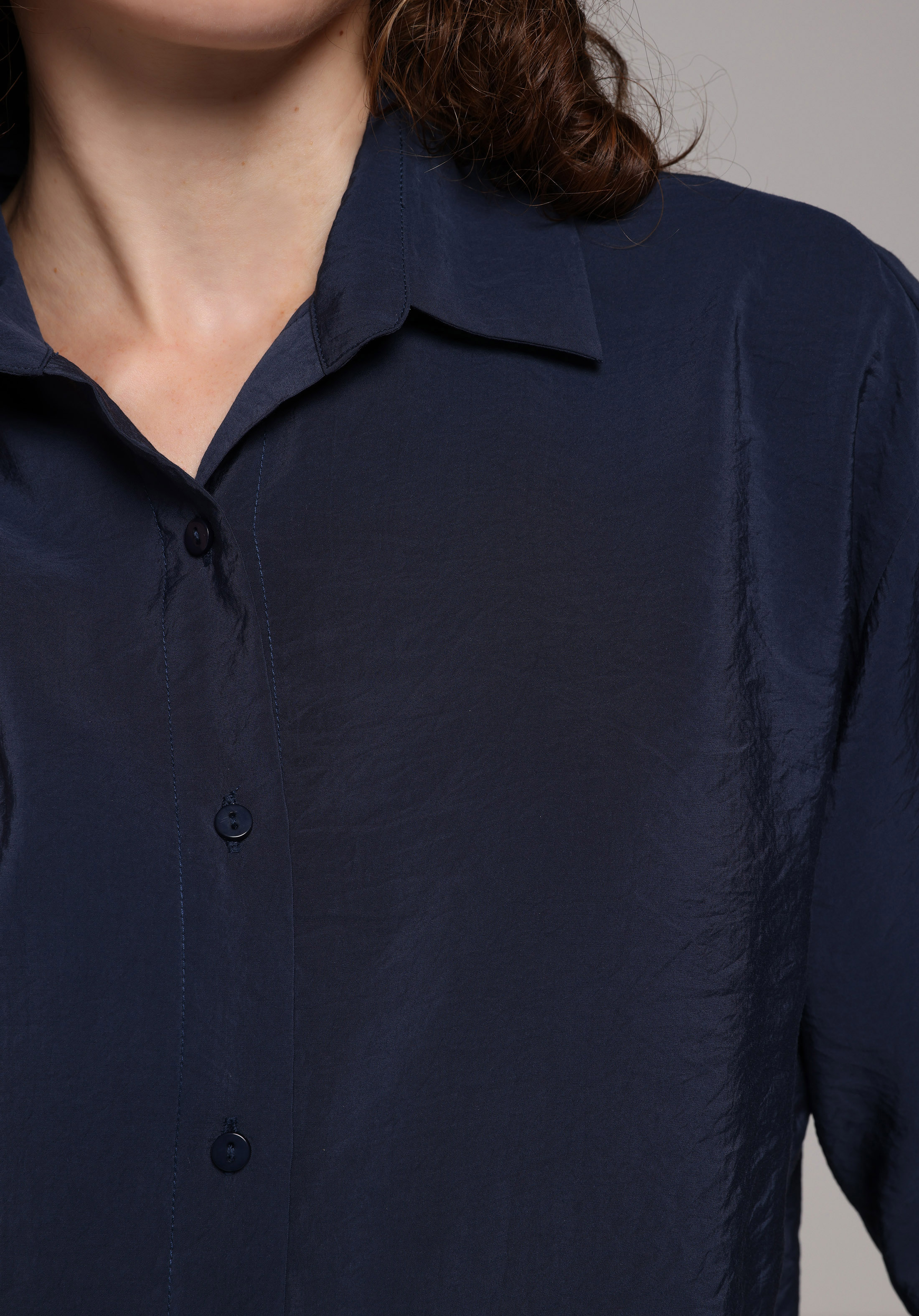 Boyfriend Shirt Neck Düz Kadın Lacivert Uzun Kol Gömlek