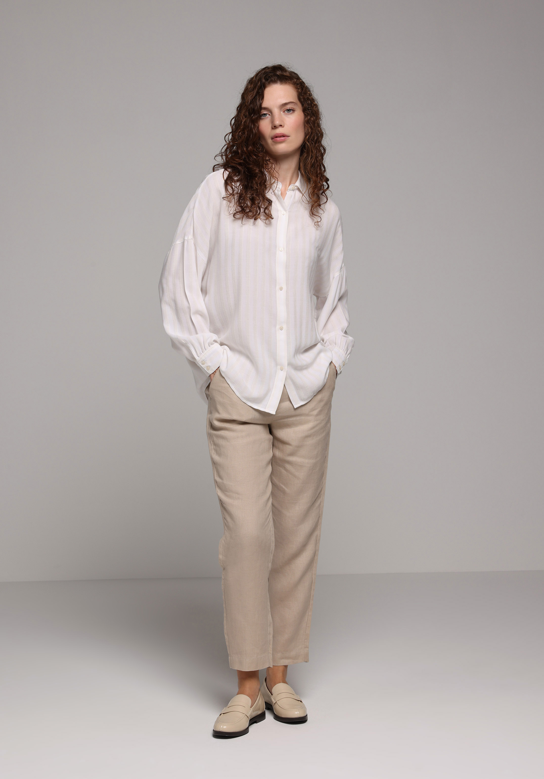 Fashion Fit Shirt Neck Jakarlı Kadın Ekru Uzun Kol Gömlek