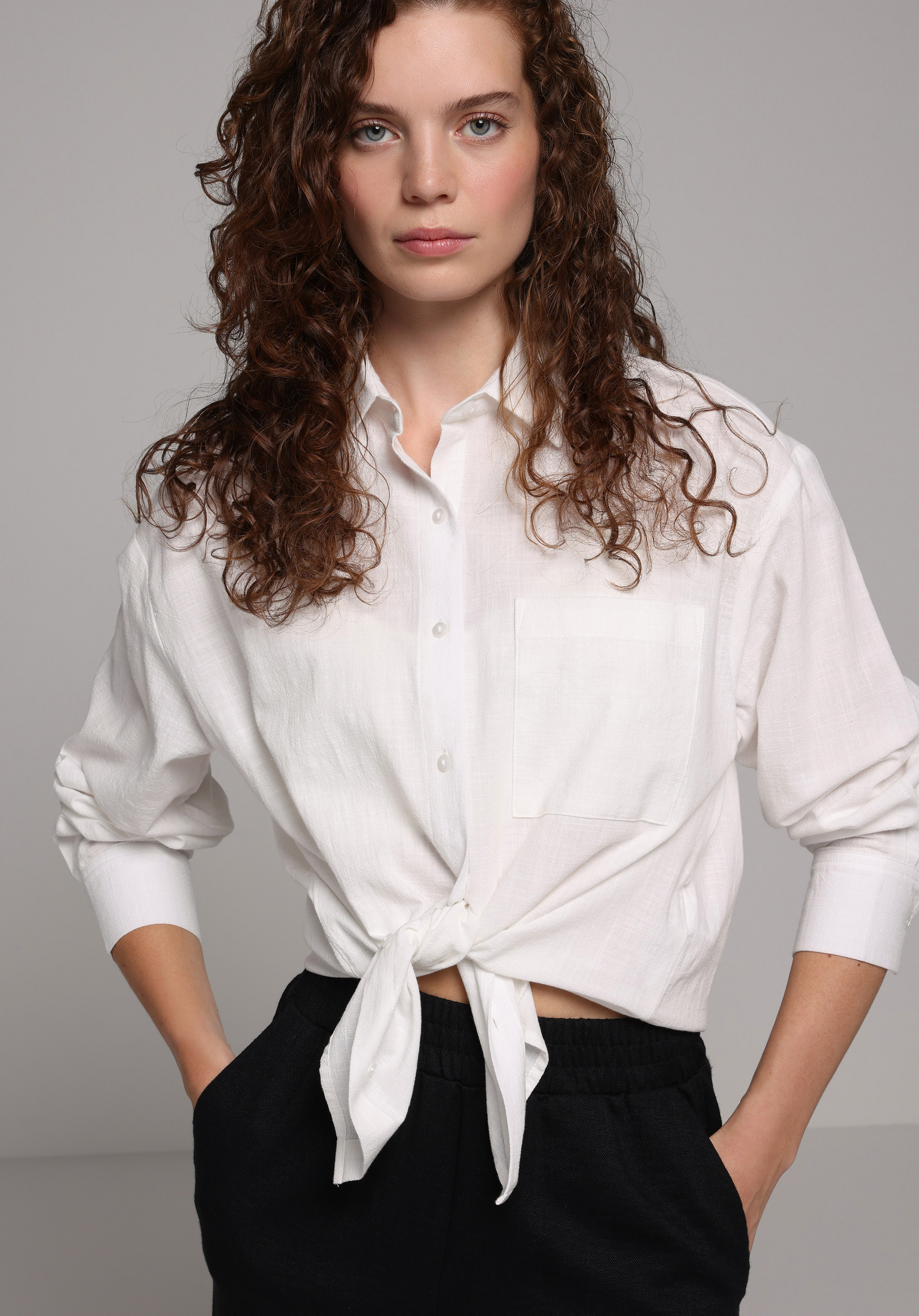 Boyfriend Fit Shirt Neck Düz Kadın Beyaz Uzun Kol Gömlek