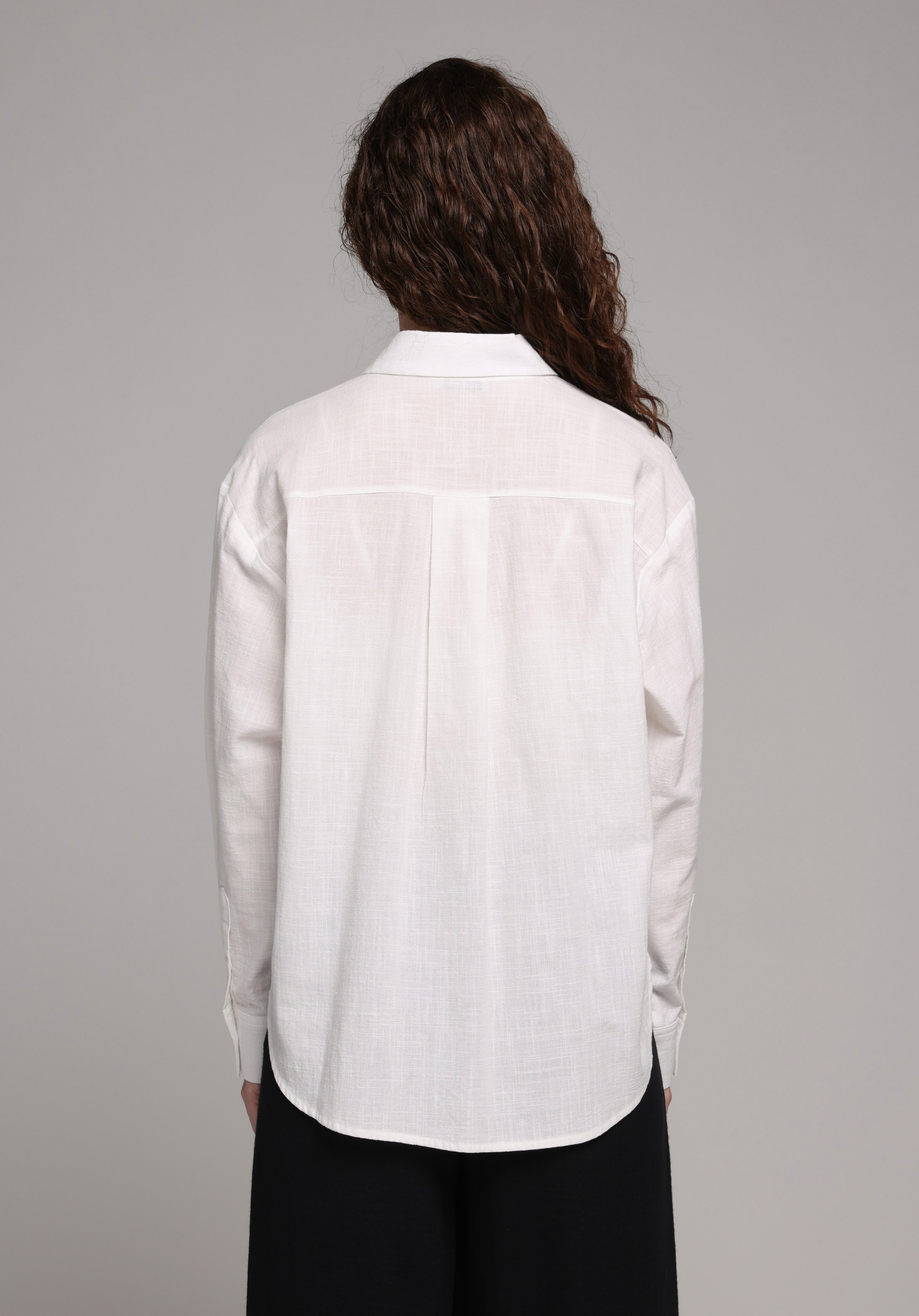 Boyfriend Fit Shirt Neck Düz Kadın Beyaz Uzun Kol Gömlek