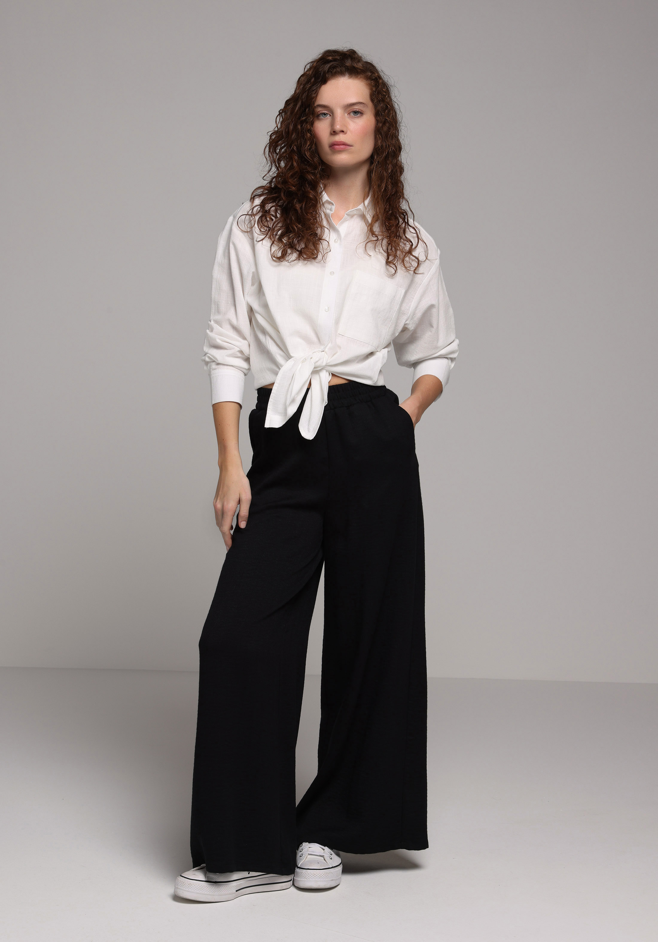 Boyfriend Fit Shirt Neck Düz Kadın Beyaz Uzun Kol Gömlek