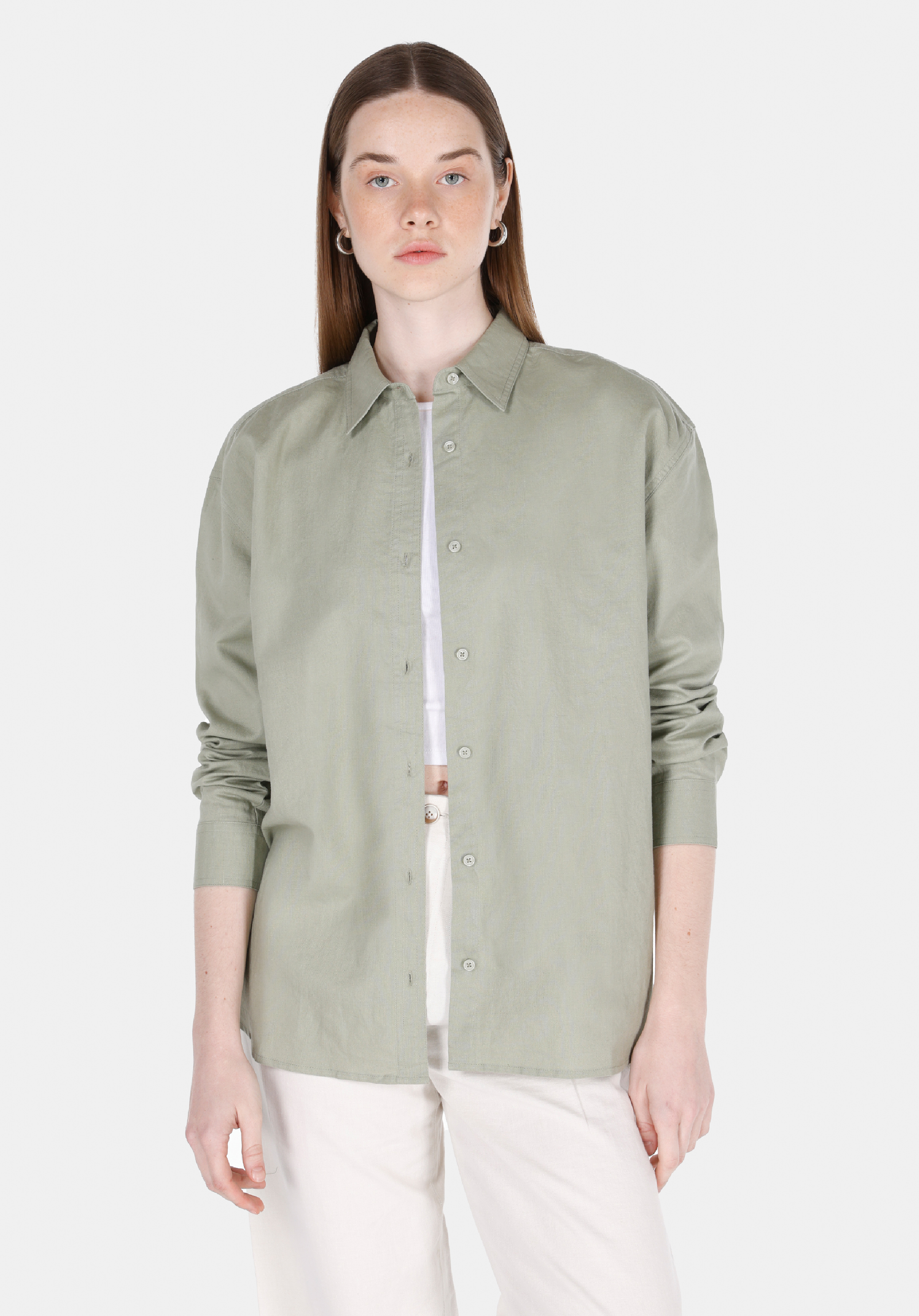 Relax Fit Shirt Neck Düz Kadın Yeşil Uzun Kol Gömlek