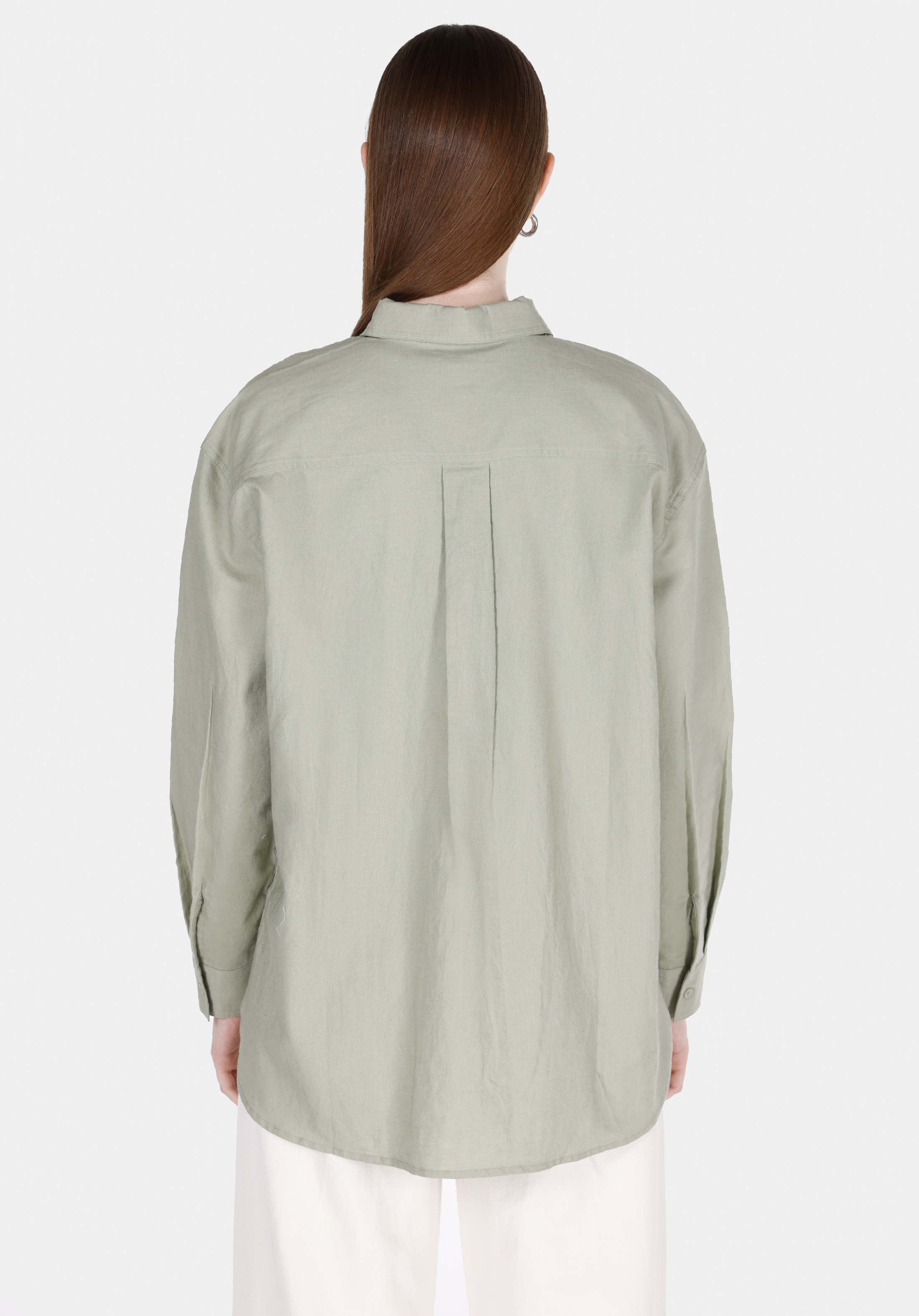 Relax Fit Shirt Neck Düz Kadın Yeşil Uzun Kol Gömlek