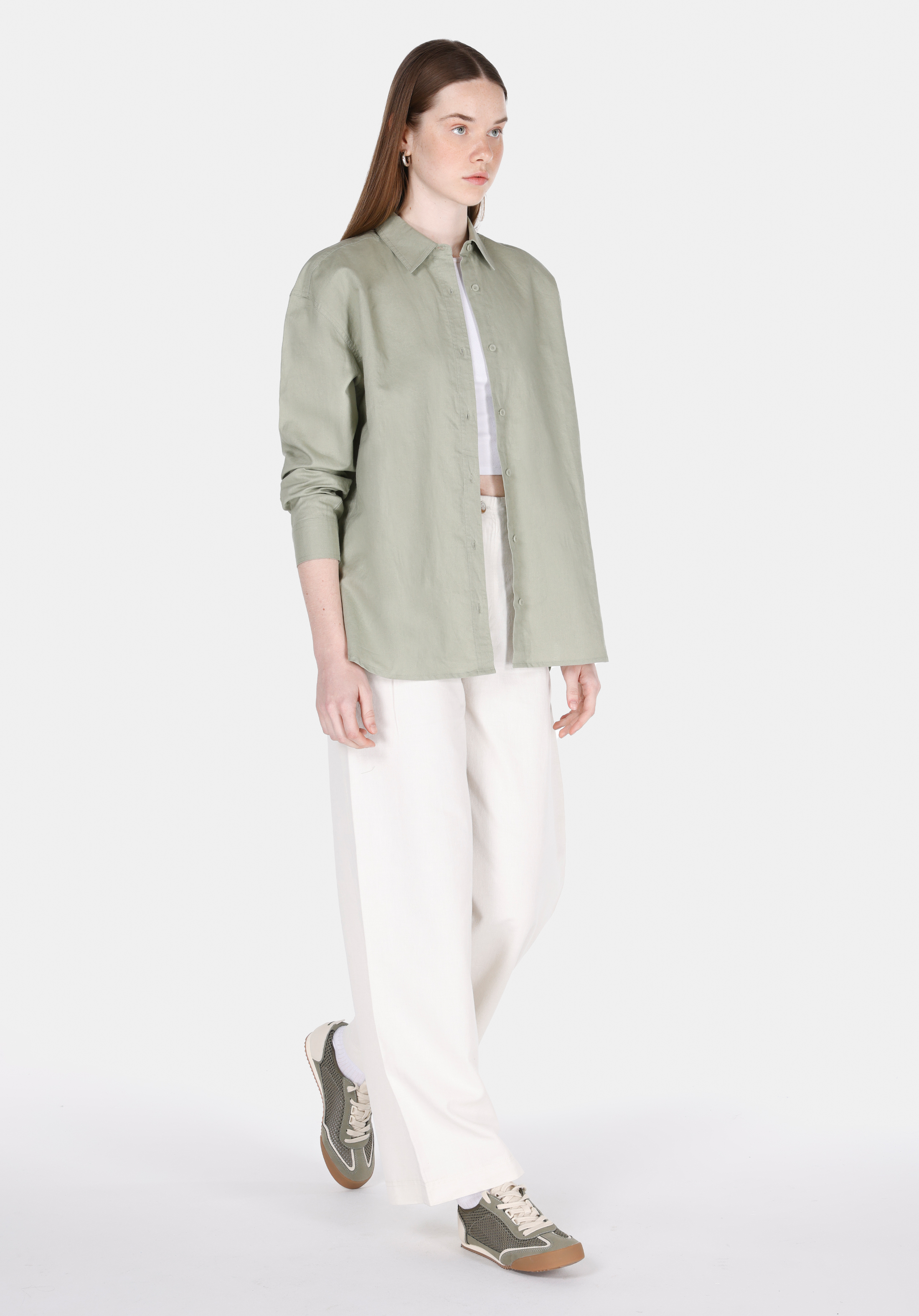 Relax Fit Shirt Neck Düz Kadın Yeşil Uzun Kol Gömlek