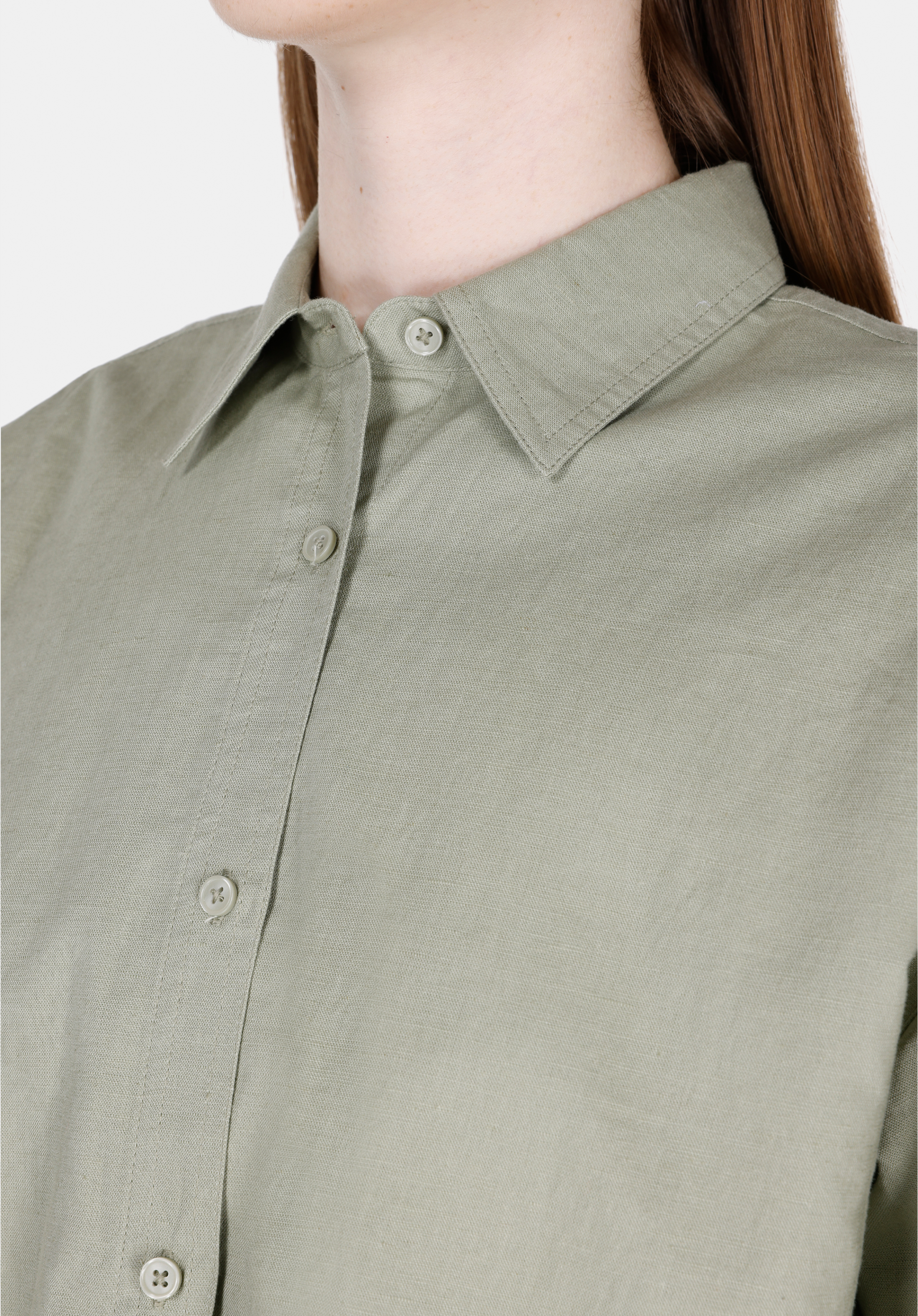 Relax Fit Shirt Neck Düz Kadın Yeşil Uzun Kol Gömlek