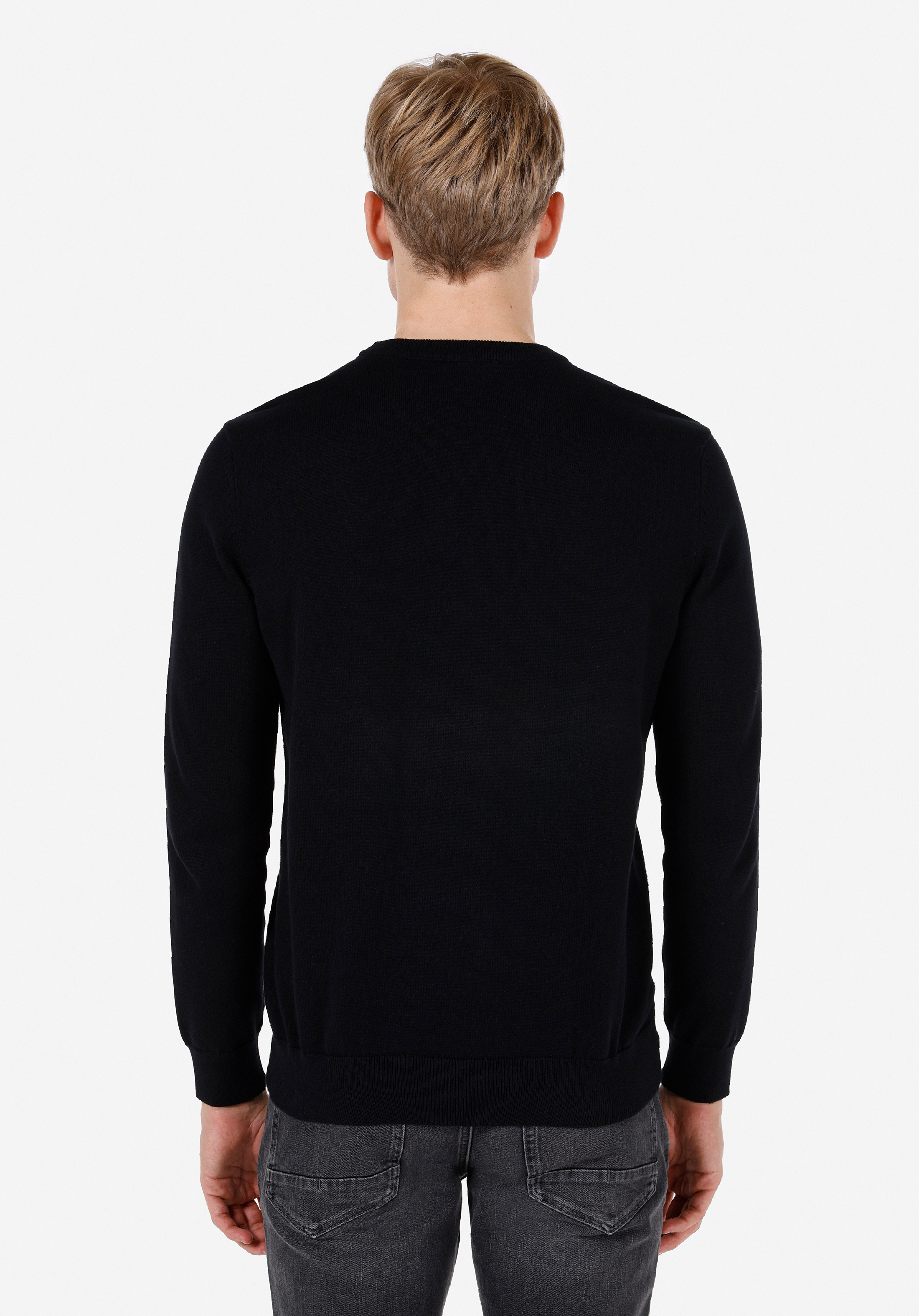 Regular Fit Yuvarlak Yaka Jakarlı Erkek Siyah Kazak