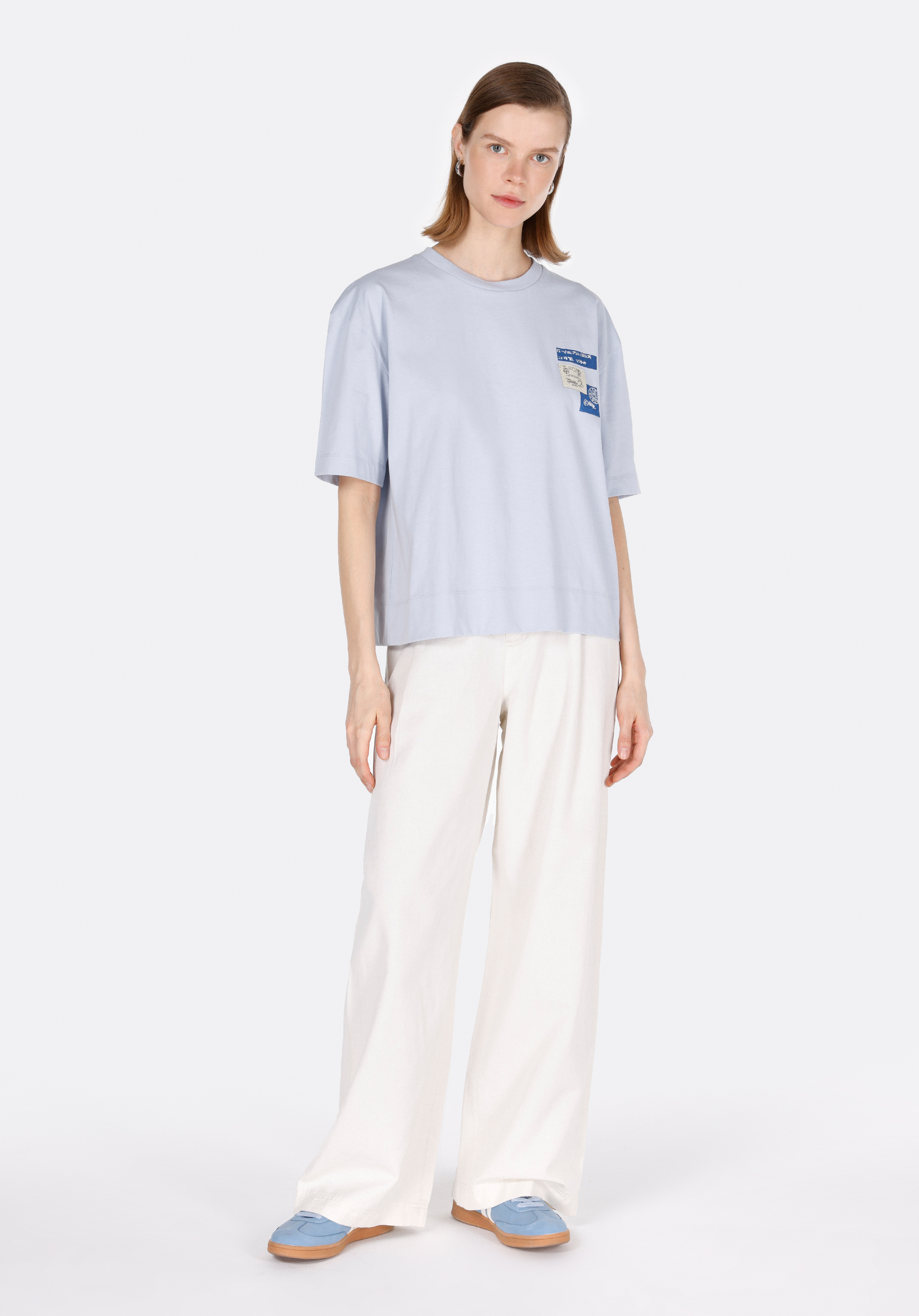 Regular Fit Yuvarlak Yaka Baskılı Kadın Mavi Kısa Kol Tişört