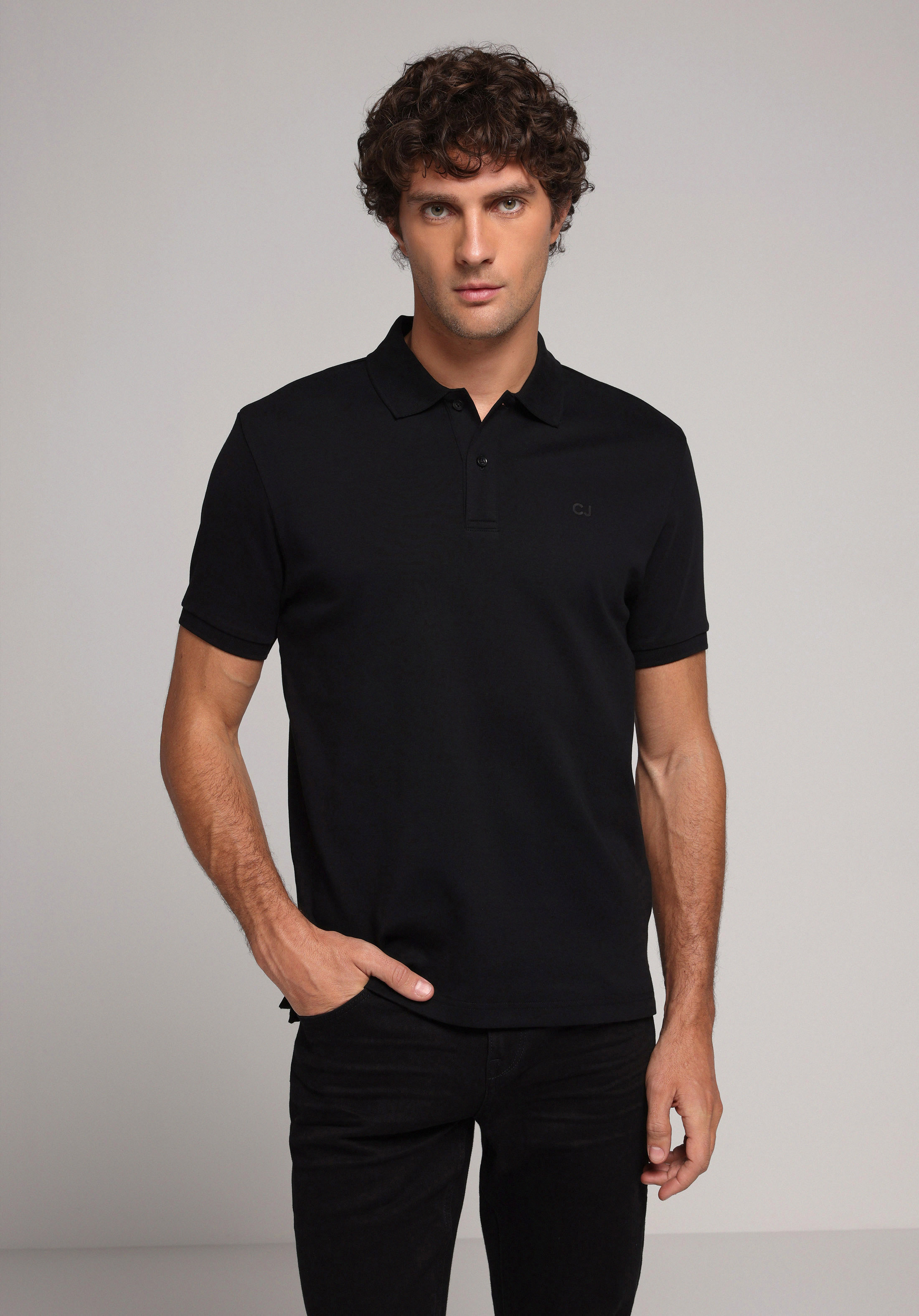 Regular Fit Polo Yaka Düz Erkek Siyah Kısa Kol Tişört
