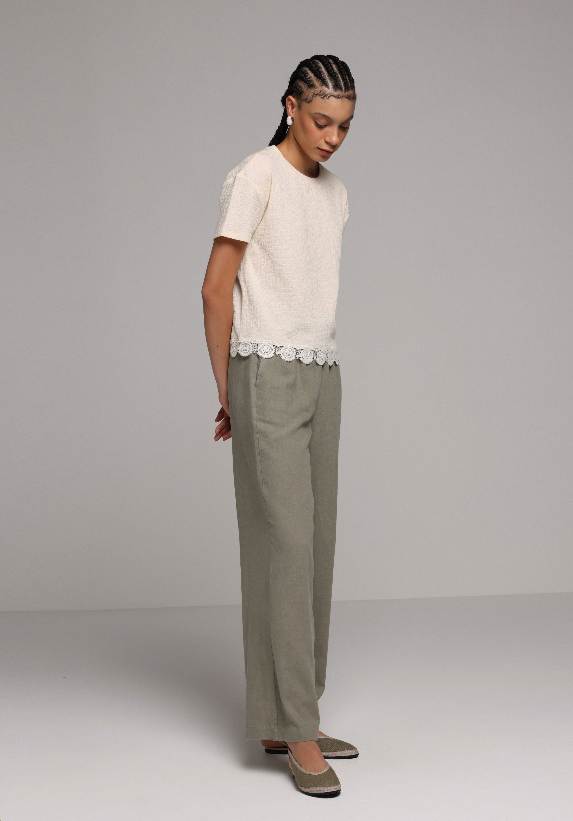 Regular Fit Yüksel Bel Geniş Paça Kadın Yeşil  Pantolon