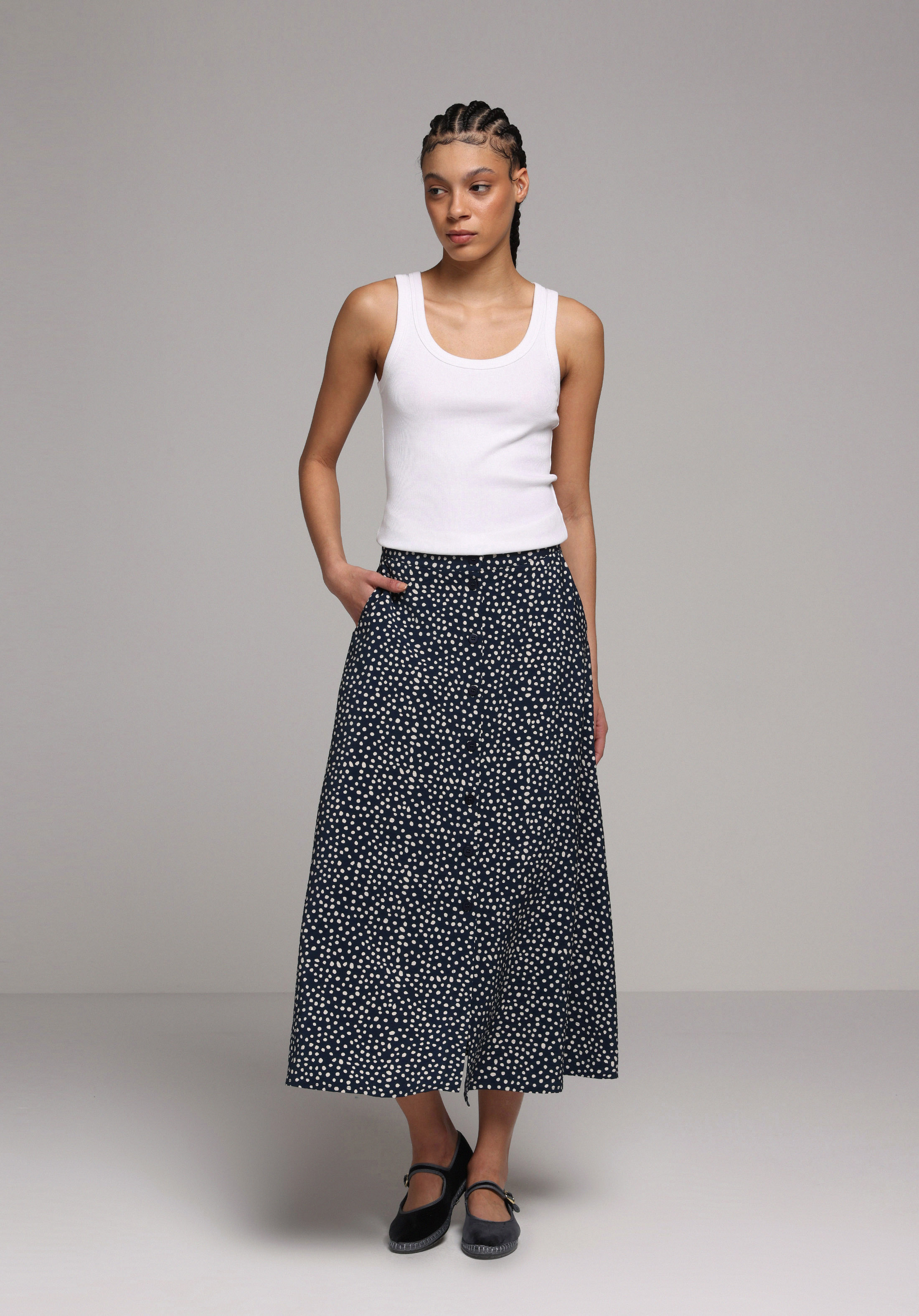 Maxi Length Metraj Baskılı Düğmeli Kadın Lacivert Etek