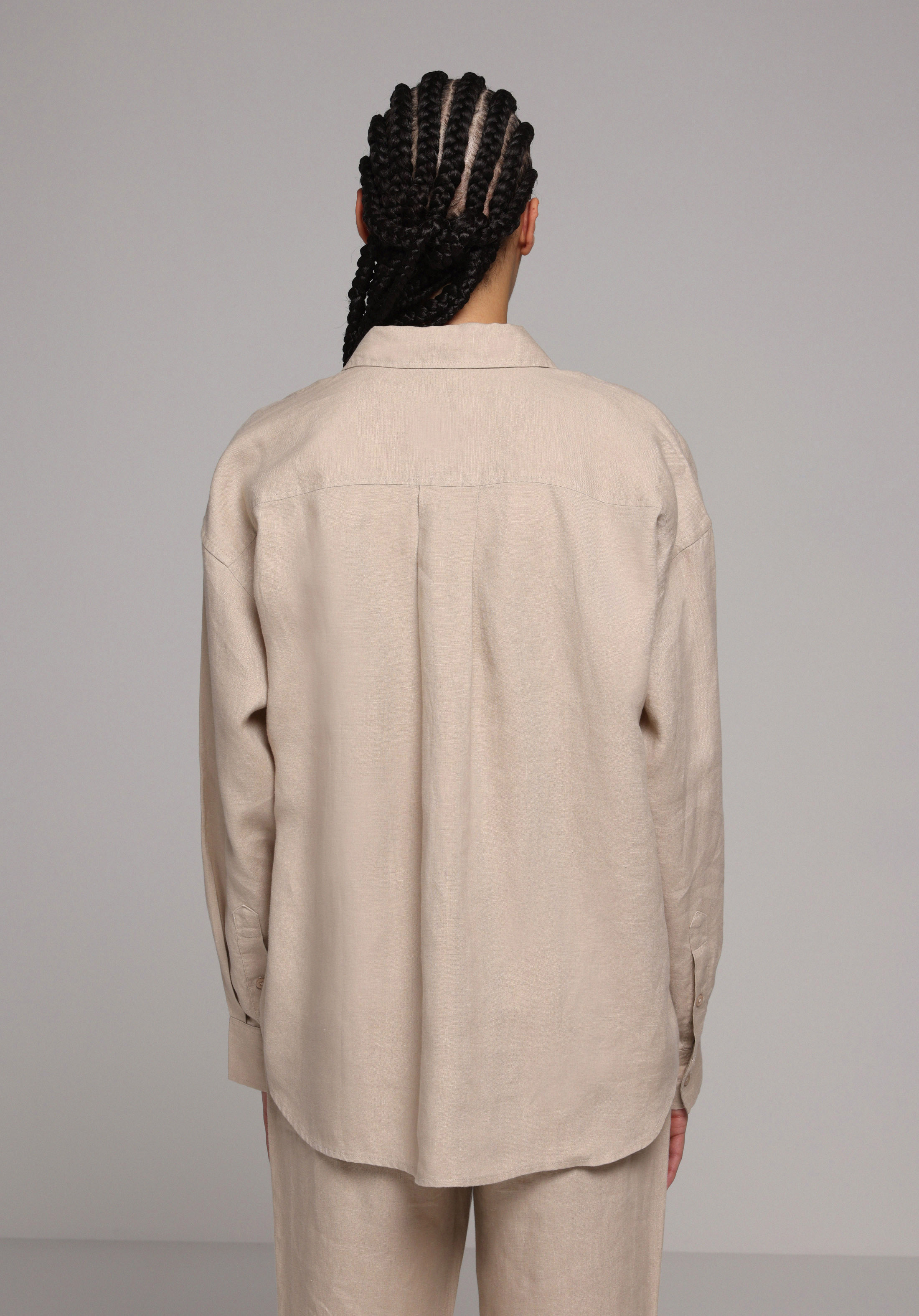 Boyfriend Fit Shirt Neck Düz Kadın Bej Uzun Kol Gömlek