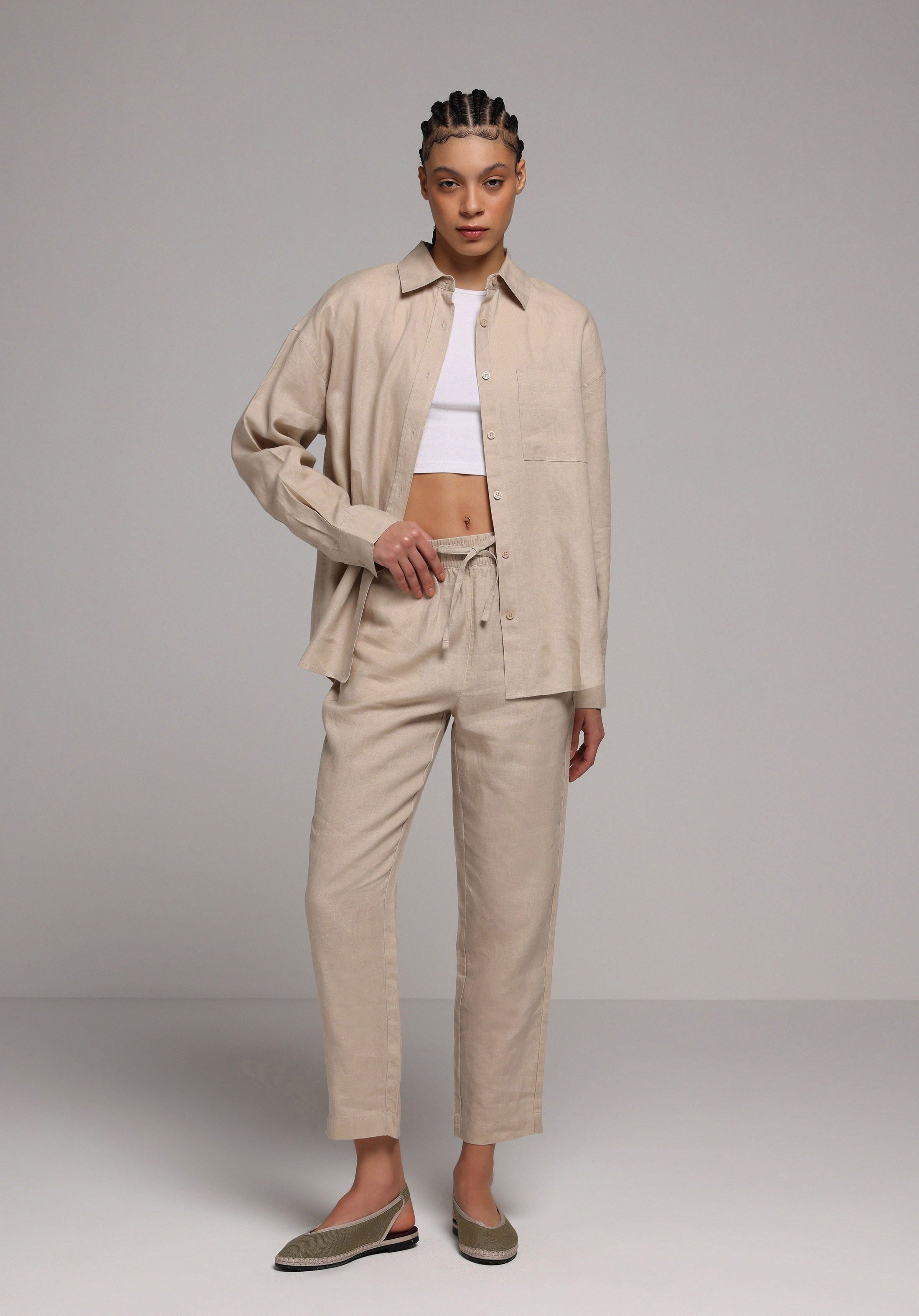 Boyfriend Fit Shirt Neck Düz Kadın Bej Uzun Kol Gömlek