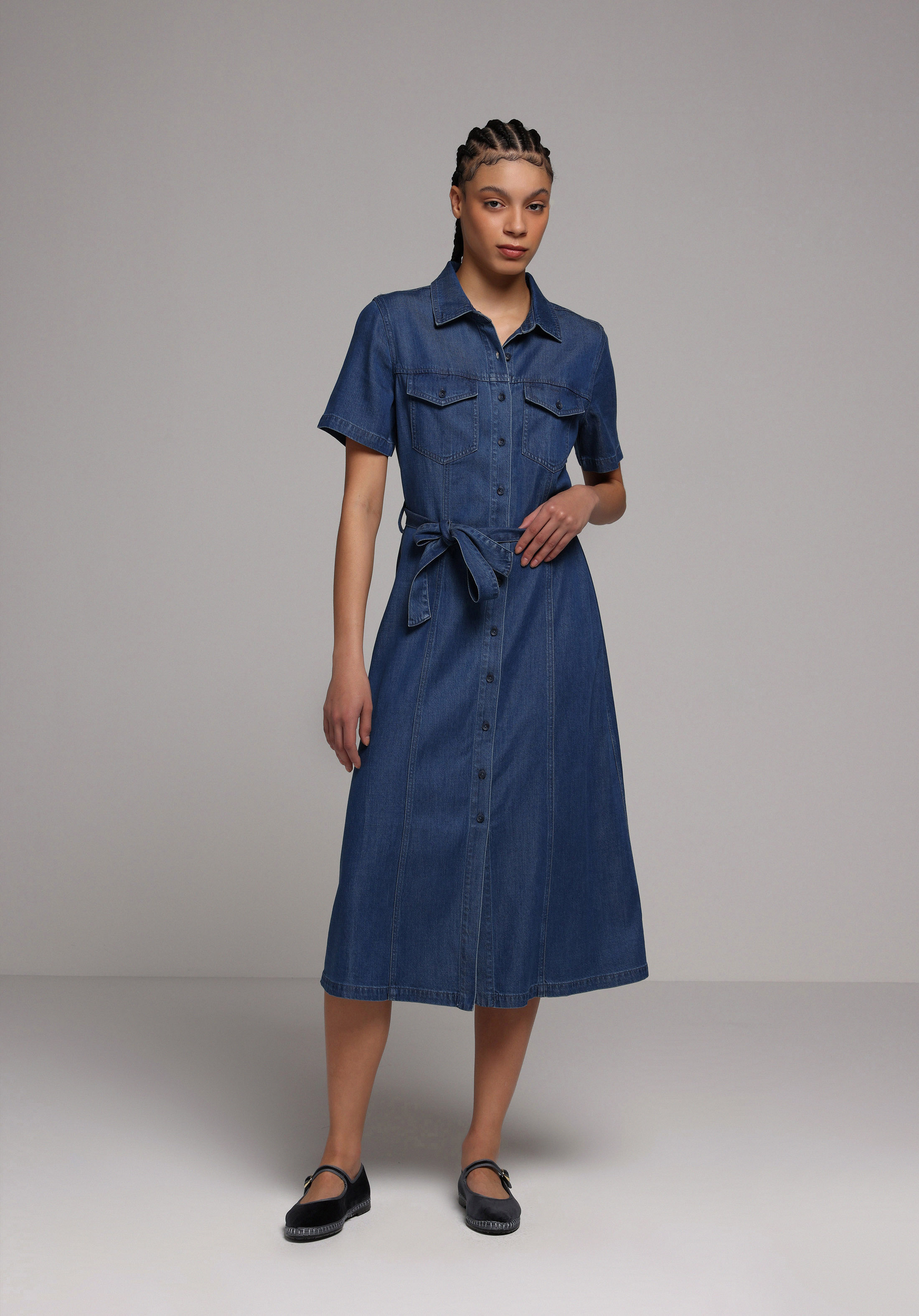 Regular Fit Düz Kadın Dark İndigo Denim Kısa Kol Elbise