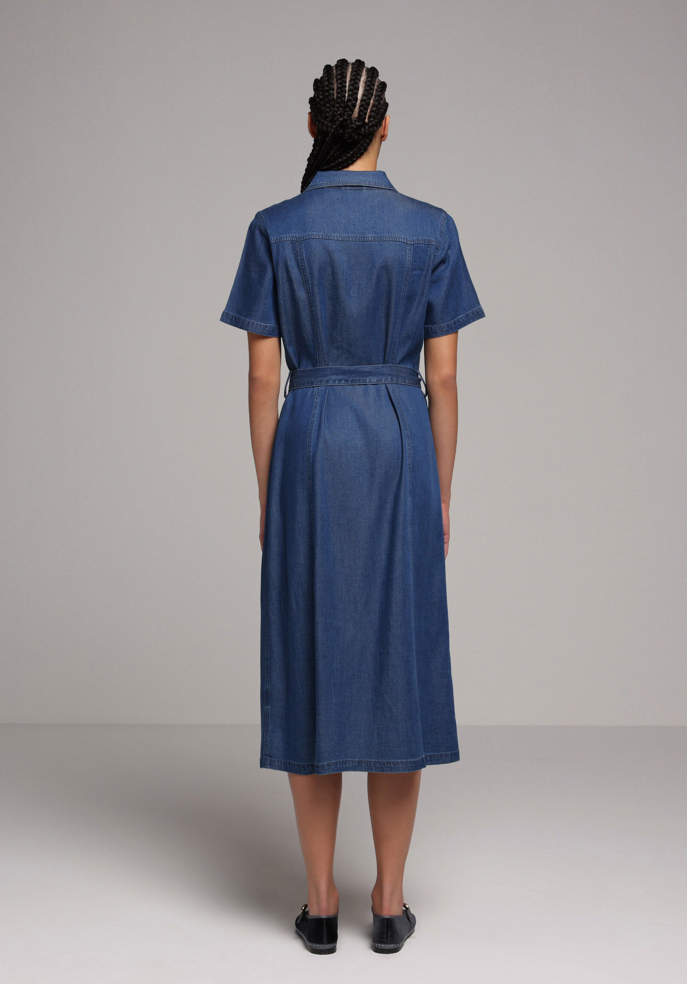 Regular Fit Düz Kadın Dark İndigo Denim Kısa Kol Elbise