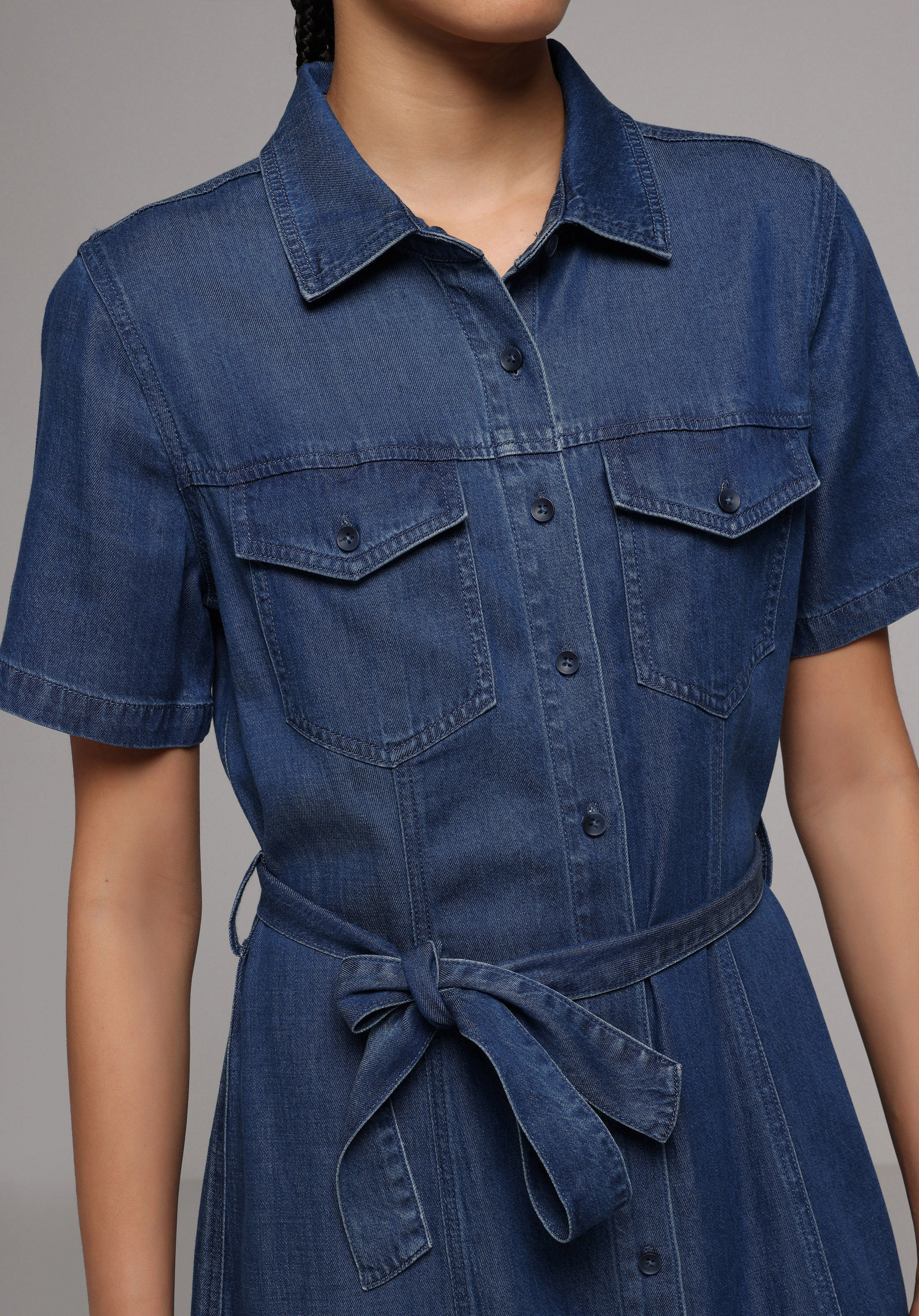 Regular Fit Düz Kadın Dark İndigo Denim Kısa Kol Elbise