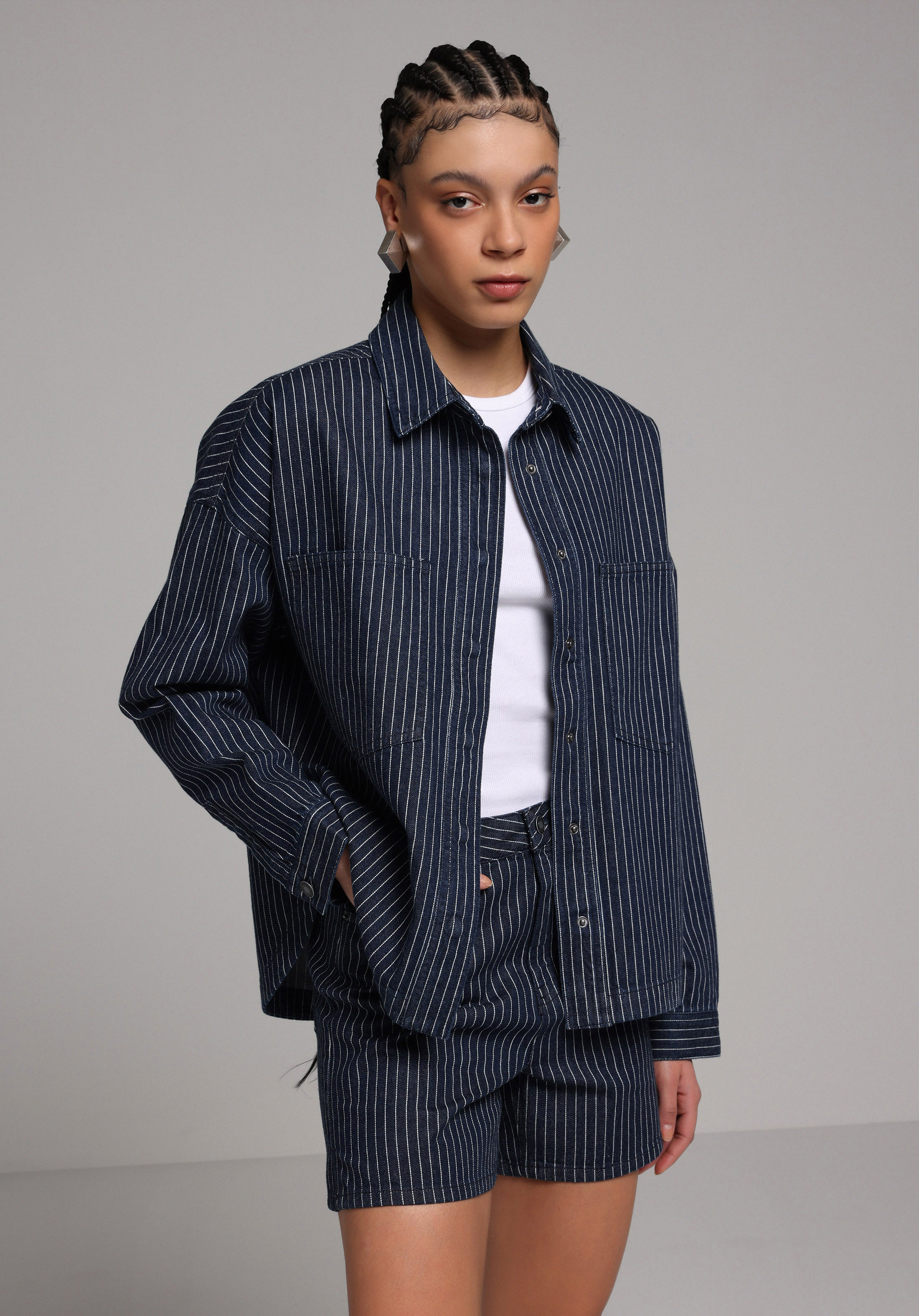 Oversize Fit   Kadın Stripe Denim Shacket