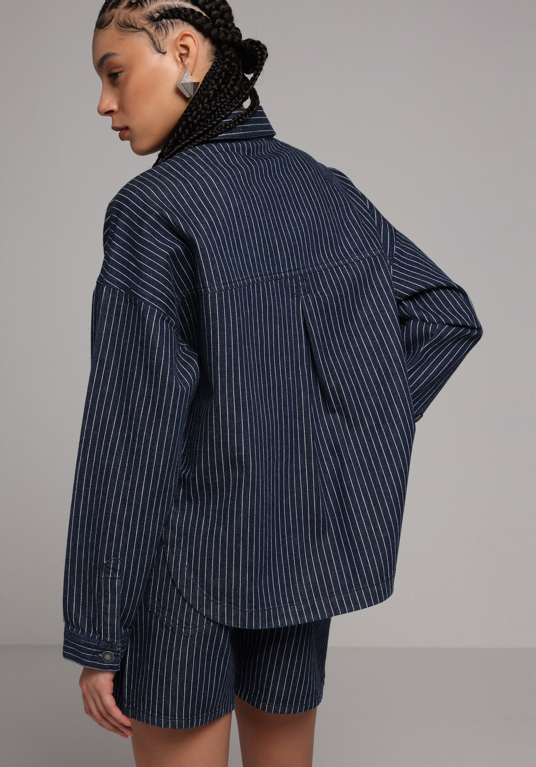 Oversize Fit   Kadın Stripe Denim Shacket