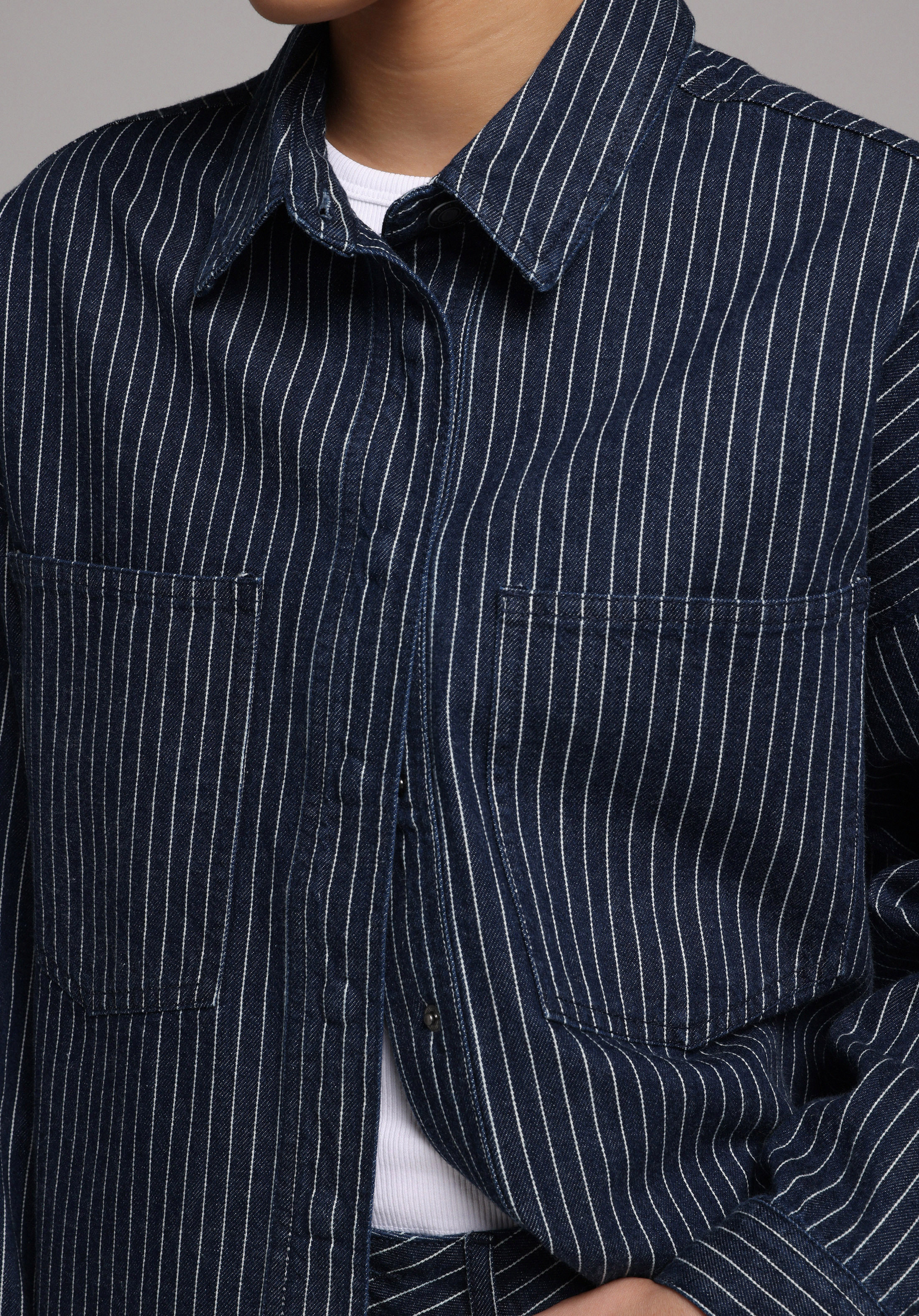 Oversize Fit   Kadın Stripe Denim Shacket