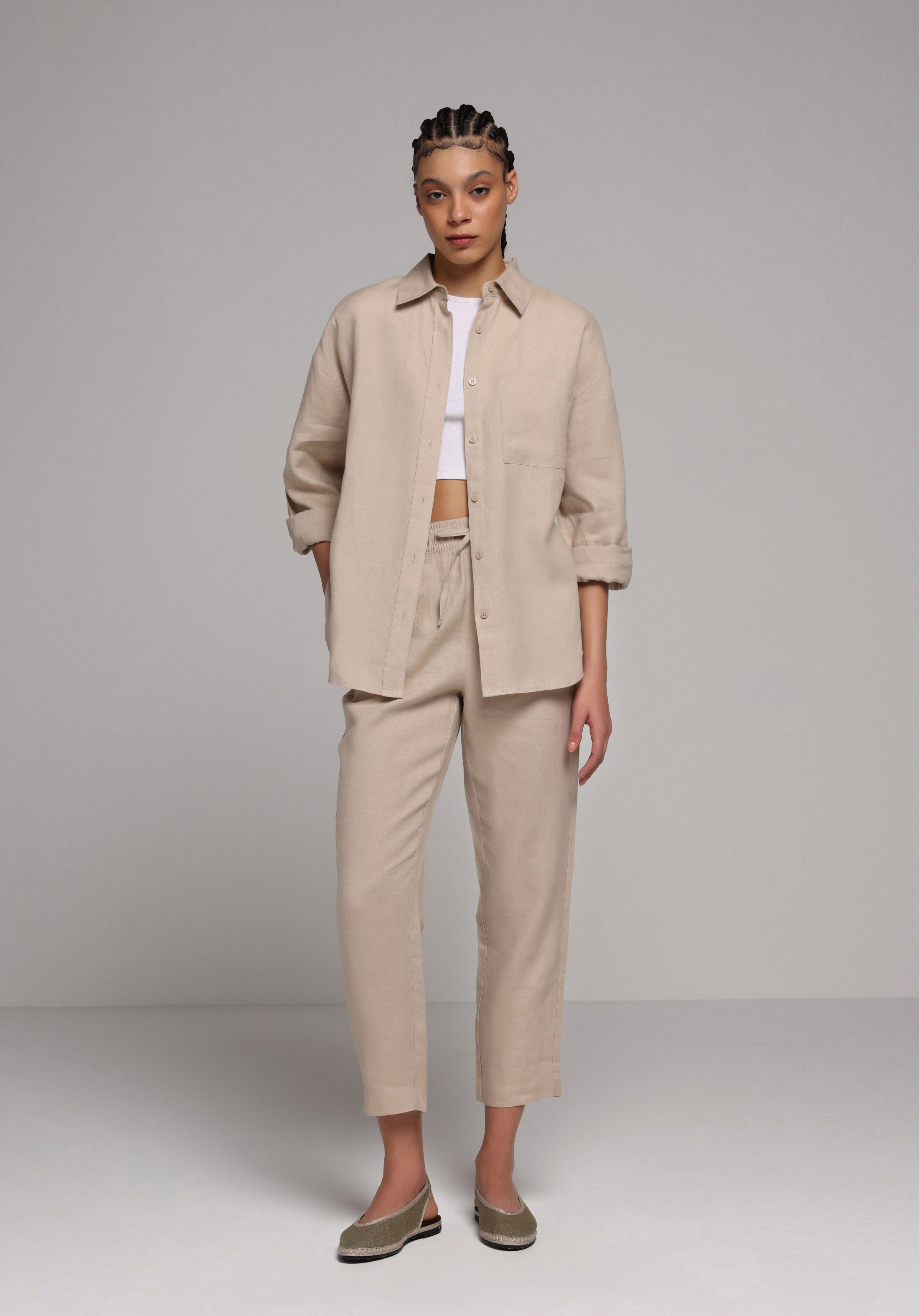 Regular Fit Yüksel Bel Düz Paça Kadın Bej  Pantolon