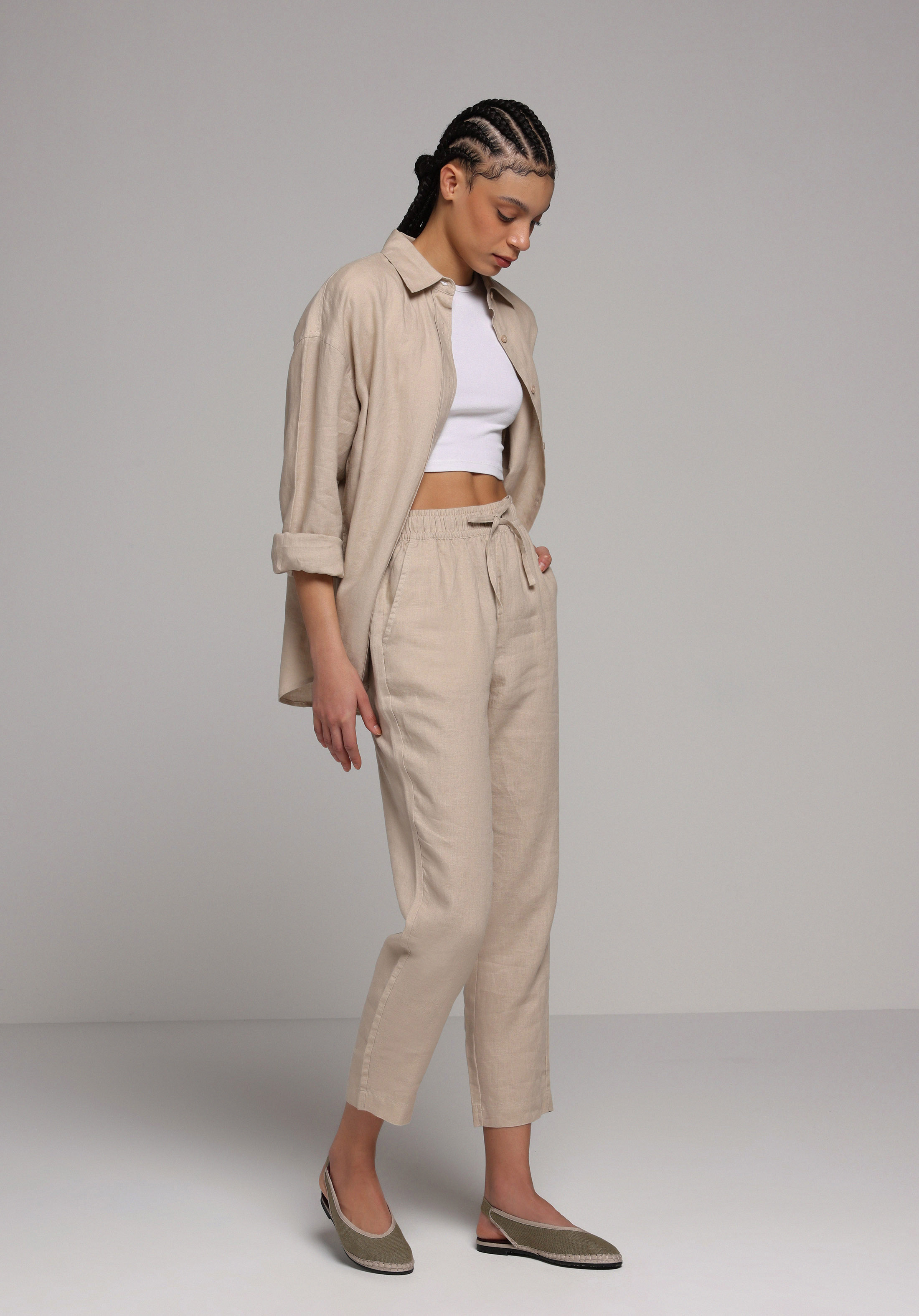 Regular Fit Yüksel Bel Düz Paça Kadın Bej  Pantolon